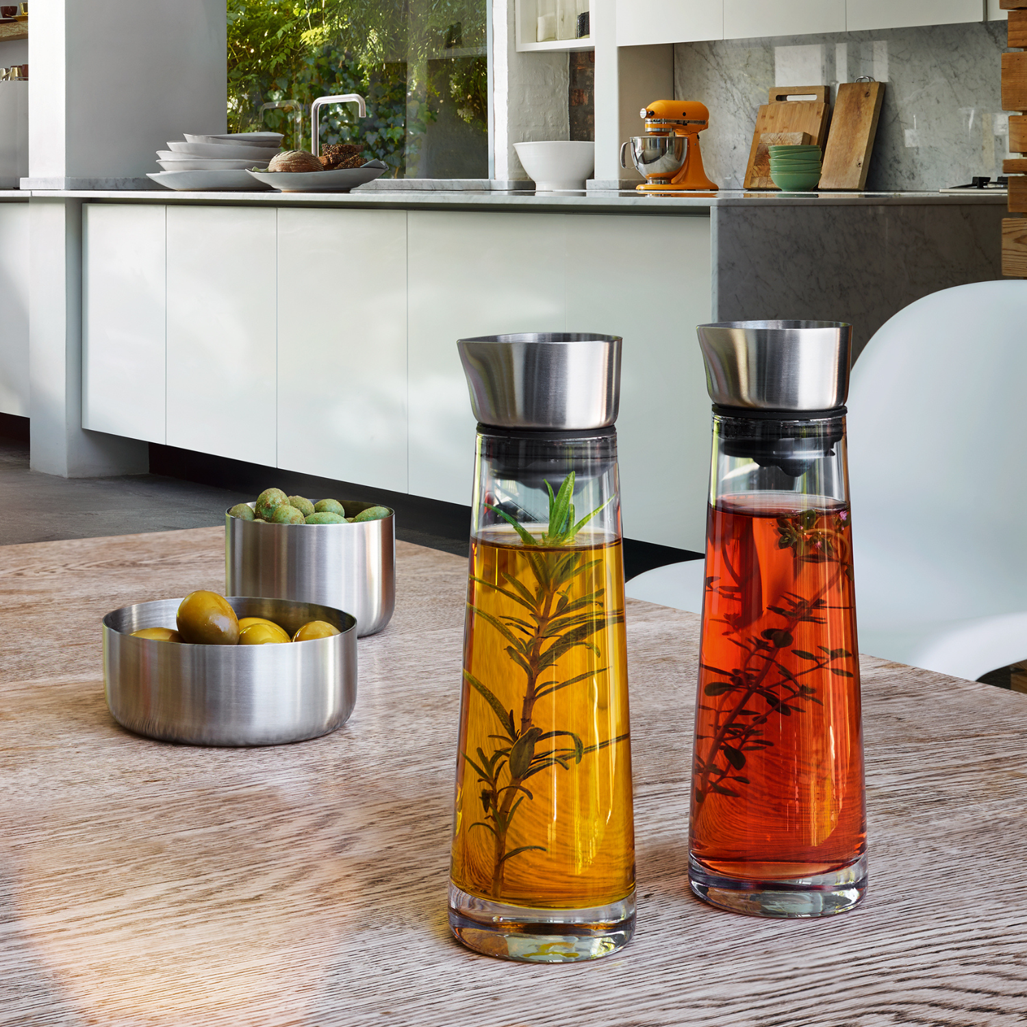 Premium Glass Oil & Vinegar Carafe Set with Pour Spout - Elegant Kitchen Accessories for Salad Dressing, Cooking & Dining Table Decor