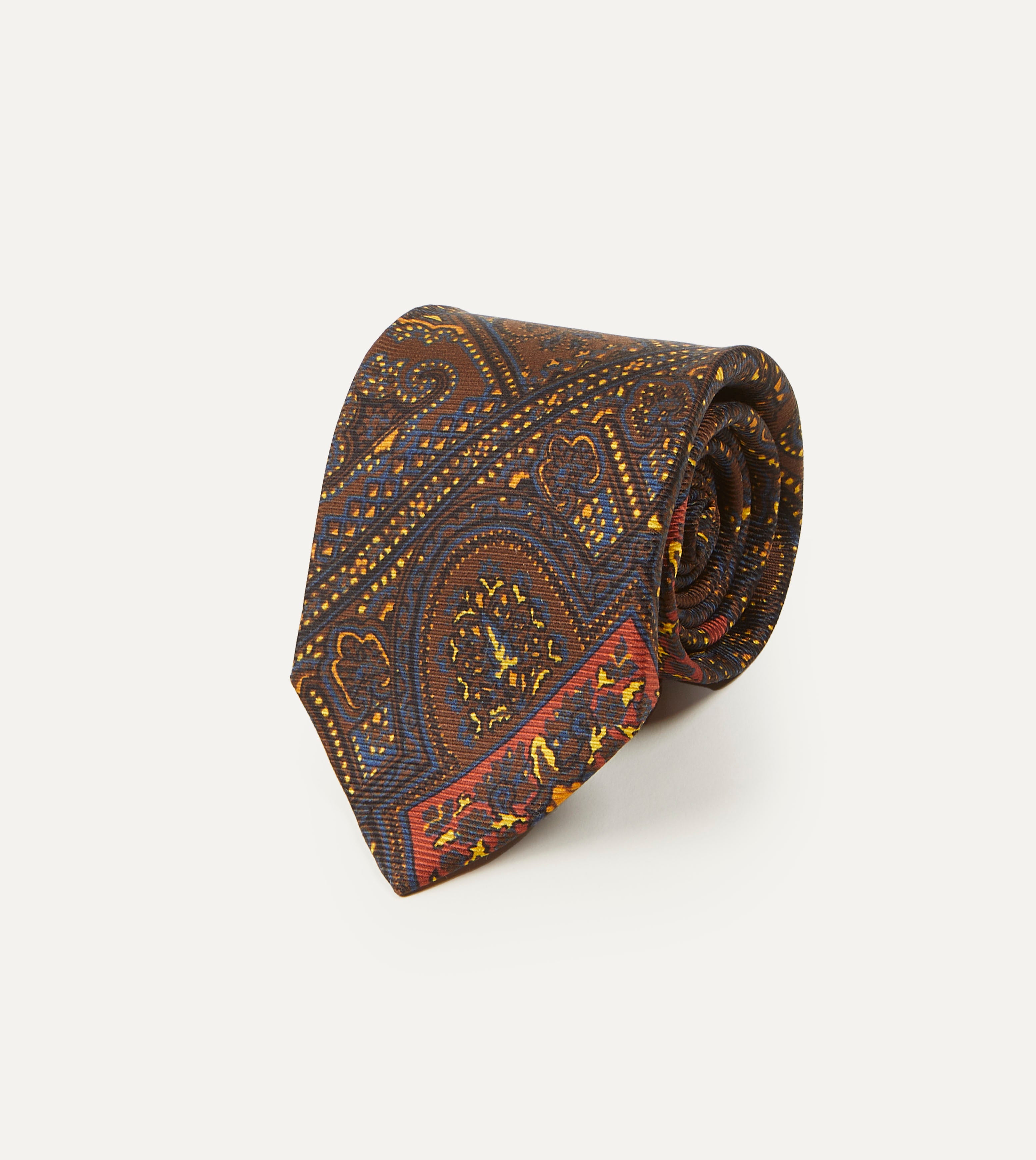 Brown, Navy & Red Paisley Print Madder Twill Silk Tie for Men - Elegant Formal Necktie for Business, Weddings & Special Occasions