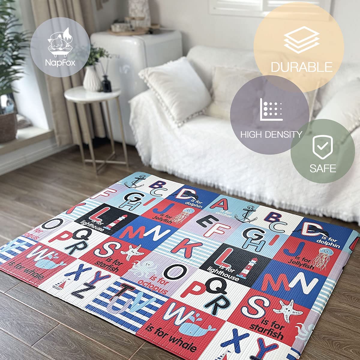 Napfox Baby Play Mat - Reversible Non-Toxic Waterproof Foam Floor Mat for Kids (6.56ft x 4.27ft) with Alphabet Design - Perfect for Nursery, Playroom & Toddler Learning Activities