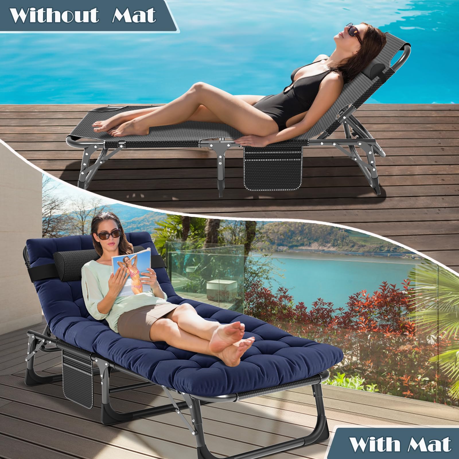5-Position Reclining Folding Outdoor Chaise Lounge Chair - Portable Patio Sunbathing Chair for Adults, Perfect for Poolside, Beach, Camping, Backyard & Lawn Relaxation | Durable & Comfortable Sun Tanning & Sleeping Cot