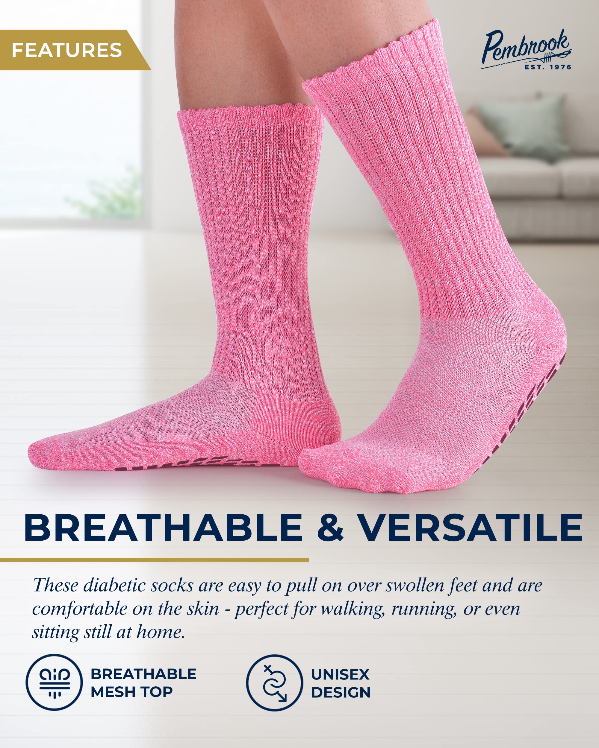 Pembrook 6 Pairs Diabetic Socks with Non-Slip Grippers for Men & Women - Breathable Neuropathy & Edema Relief Socks in 12 Colors | Perfect for Daily Wear, Work & Travel