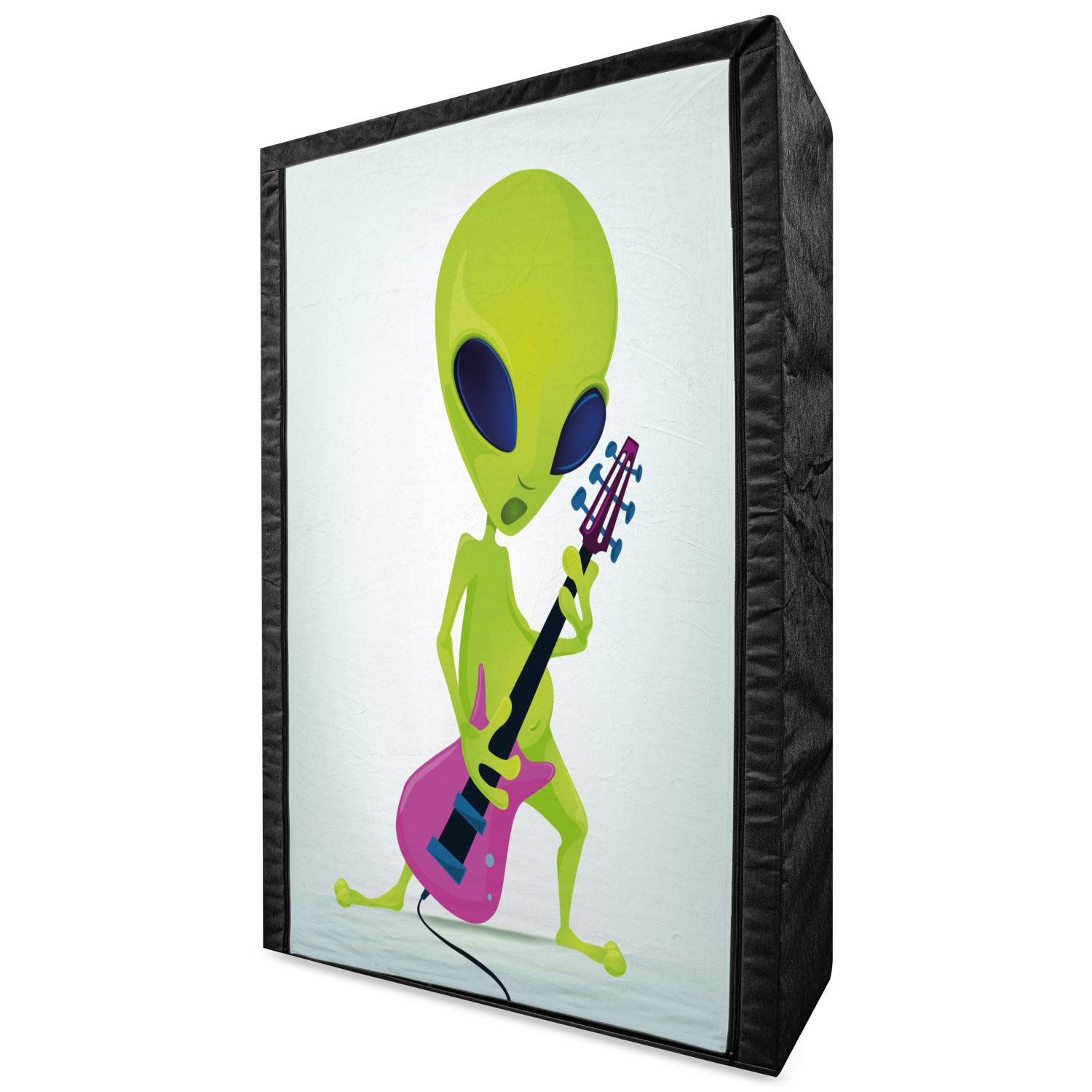 Ambesonne Popstar Party Portable Fabric Wardrobe Closet with Shelves | Cartoon Alien Playing Electric Guitar Design | 42.5 Inch Clothing Organizer & Storage for Bedroom, Kids Room, Dorm or Travel | Apple Green & Navy Blue
