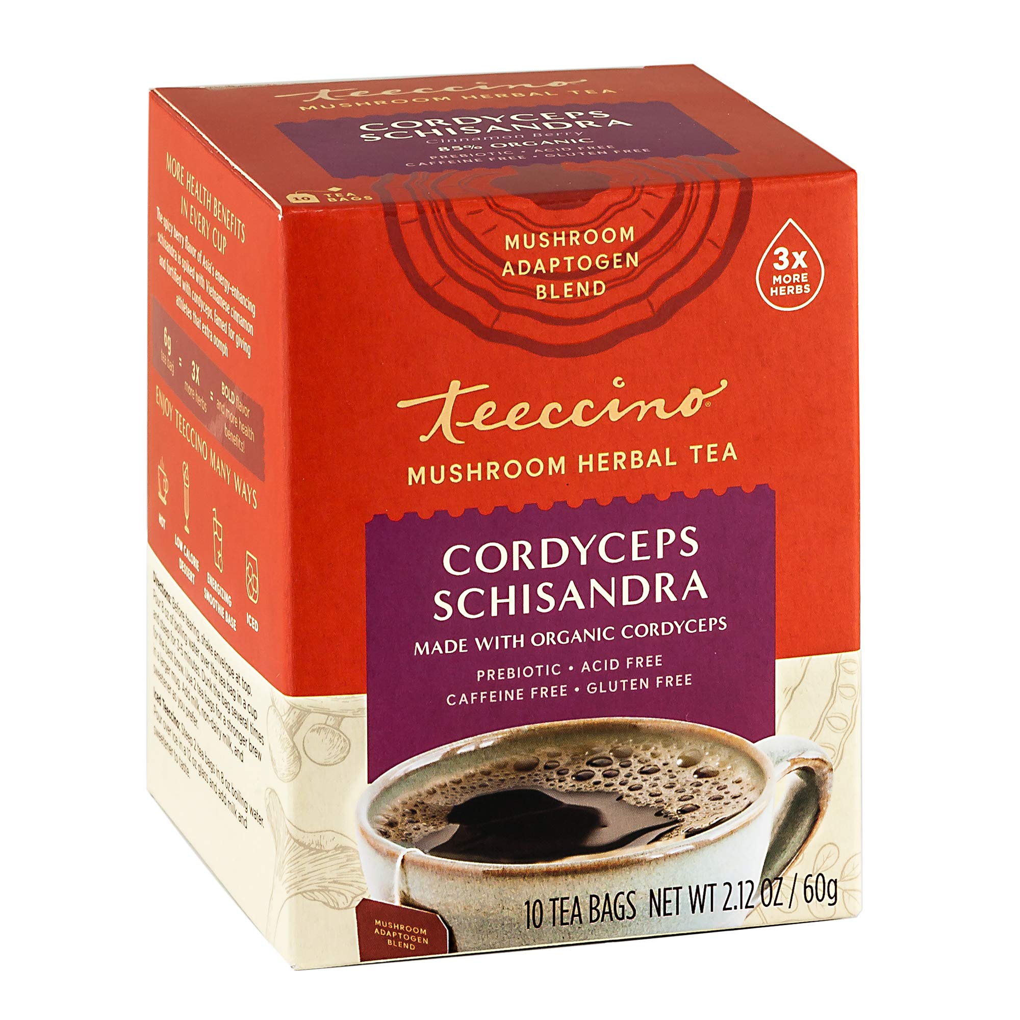 Organic Teeccino Mushroom Adaptogen Herbal Tea with Cordyceps, Schisandra & Cinnamon Berry - Cognitive Support & Immune Boost - 10 Tea Bags - Perfect for Stress Relief & Mental Clarity