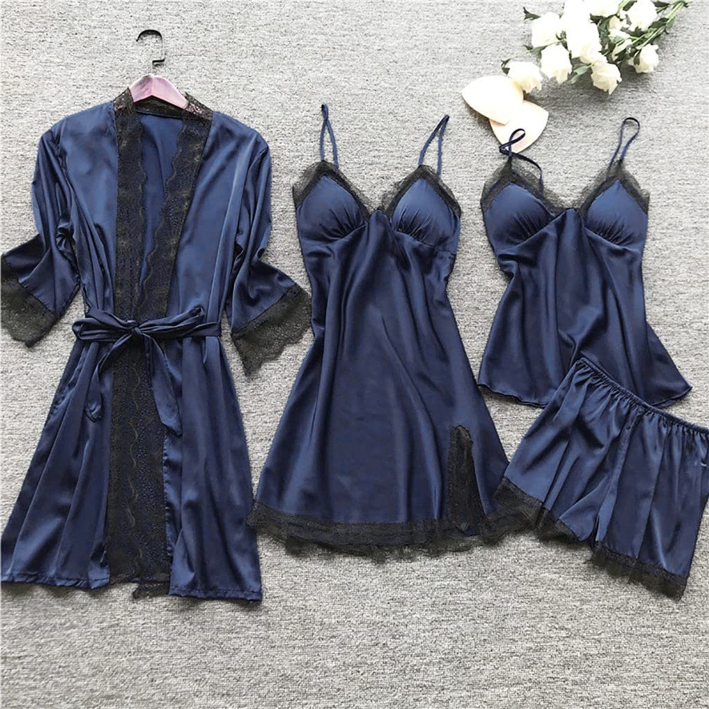 Women's Silk Sleepwear 4-Piece Set - Lace-Trim Pajamas, Belted Robe, Camisole Dress & Shorts | Sexy Nightgown for Women | Perfect for Valentine's Day, Anniversary Gifts & Luxury Bedtime