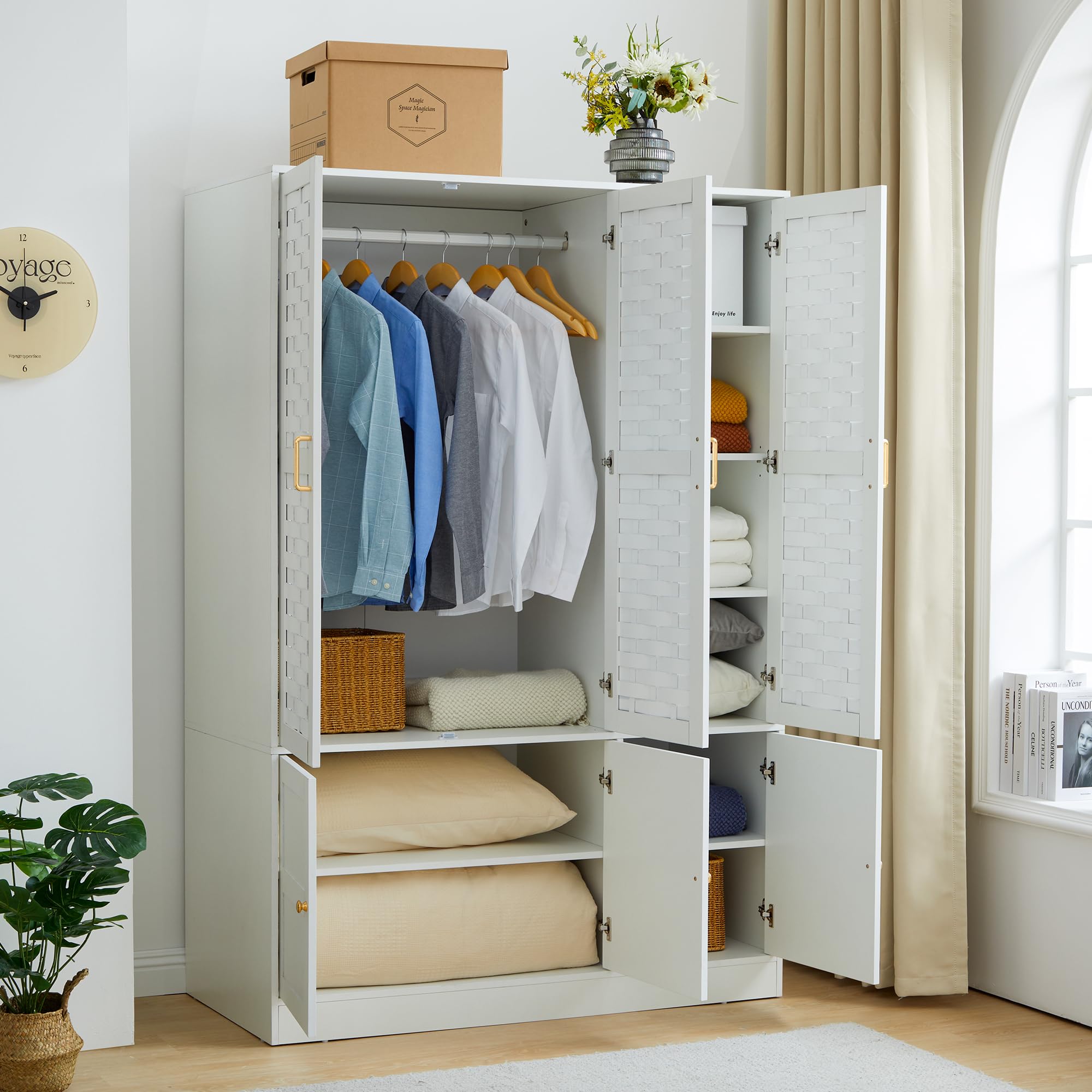 Large White Wooden Armoire Wardrobe with 6 Woven Doors, 8 Shelves & Metal Handles - Spacious Storage Cabinet with Hanging Rod for Bedroom, Closet or Living Room Organization