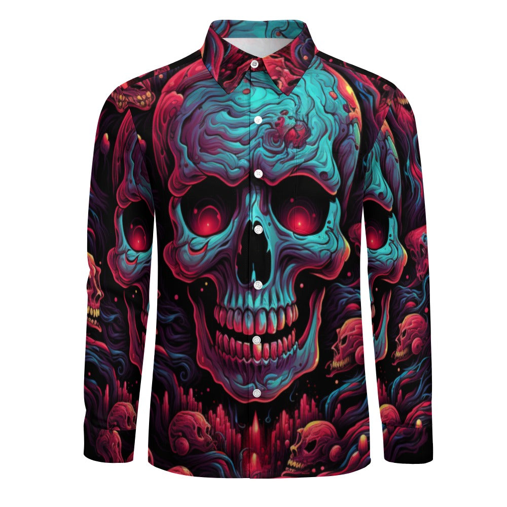 Gothic Blue and Red Skull Print Casual Long Sleeve T-Shirt with One Pocket | Edgy Streetwear for Men & Women | Perfect for Halloween, Concerts, and Alternative Fashion