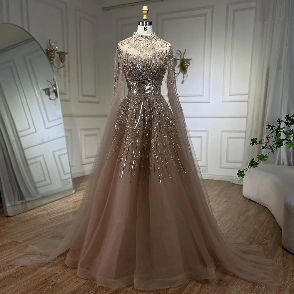 Serene Hill Caramel Luxury Evening Gown with Cape Sleeves - A-Line Beaded Lace Wedding Dress for Women | 2025 LA72386 | Perfect for Formal Events, Bridal Parties & Red Carpet Occasions
