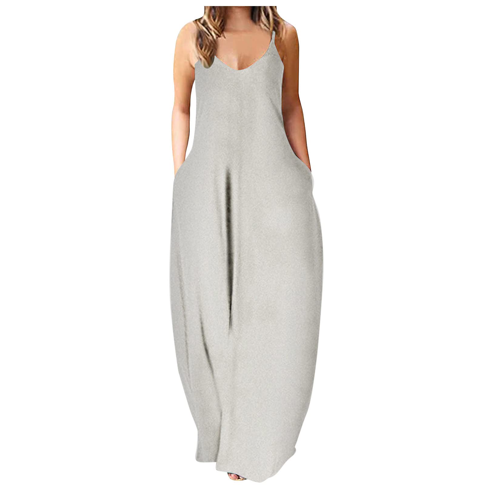 2022 Summer Dresses for Women - Plain Sleeveless V-Neck Plus Size Cami Maxi Dress with Pockets | Loose Casual Beachwear, Vacation Outfit & Everyday Wear