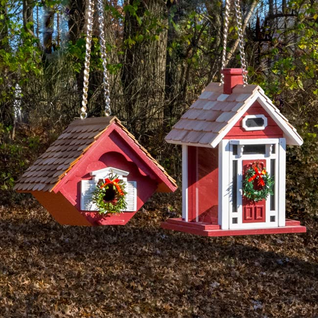 Home Bazaar Holiday Bird House and Feeder Kit - Red Wooden Birdhouse with Perch & Feeding Tray for Outdoor Garden Decor, Backyard Wildlife Habitat, Christmas Gift Idea
