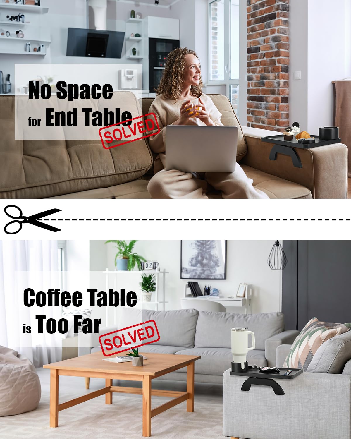 360° Rotating Bamboo Couch Arm Table with Cup & Phone Holder - 15.36x9.85 Inch Sofa Tray for Living Room, Bedroom - Perfect for Snacks, Drinks, Remote Control & Reading in Black