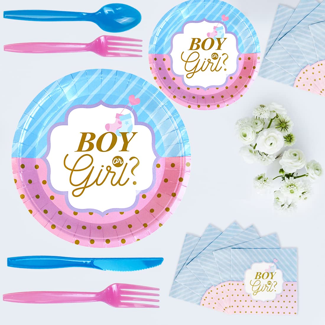 97-Piece Gender Reveal Party Supplies Set - Blue or Pink Plates, Napkins, Forks & Decorations for Baby Shower | Perfect for 16 Guests | Ideal for Gender Reveal Parties, Baby Showers & Birthday Celebrations