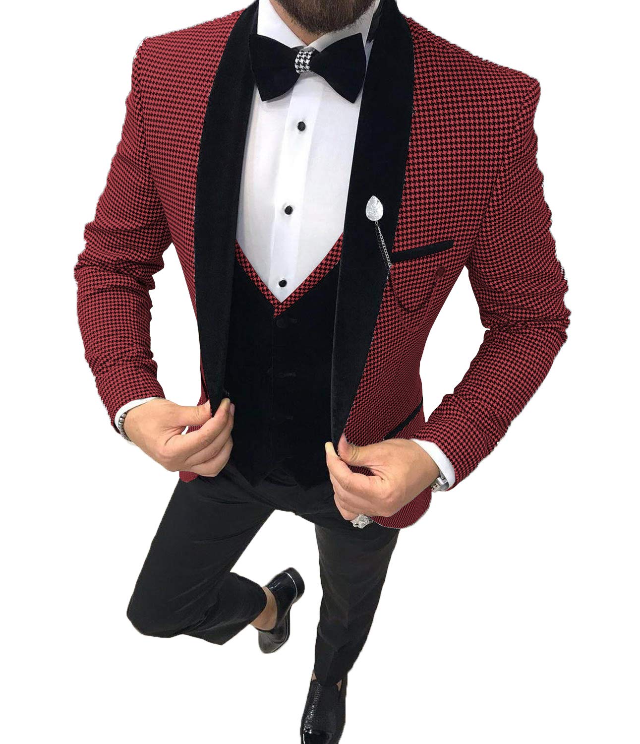Men's 3-Piece Slim Fit Houndstooth Suit Set (Blazer, Vest & Pants) for Wedding, Groomsmen & Formal Occasions - Fashionable One-Button Casual Tuxedo Outfit