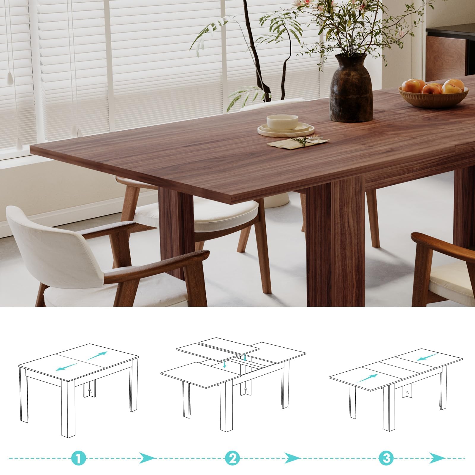 Expandable Rectangular Wooden Dining Table for 6-8 People - Large Kitchen & Home Dining Room Table in Brown - Perfect for Family Dinners, Entertaining Guests & Small Space Living