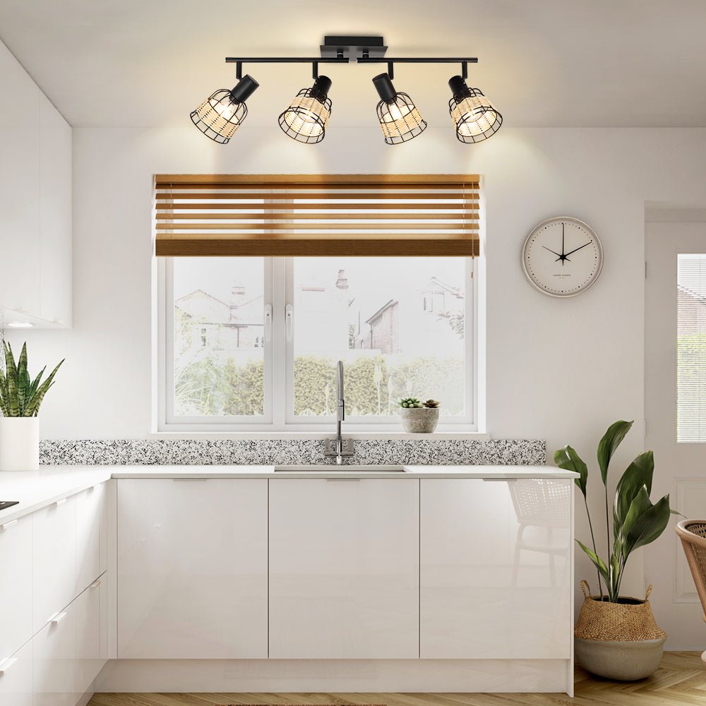 Depuley Modern 4-Head Rattan Track Lighting Kit - Vintage Farmhouse Bamboo Wall & Ceiling Spotlight with Woven Cage - Perfect for Kitchen, Dining Room, Office, and Living Room Lighting