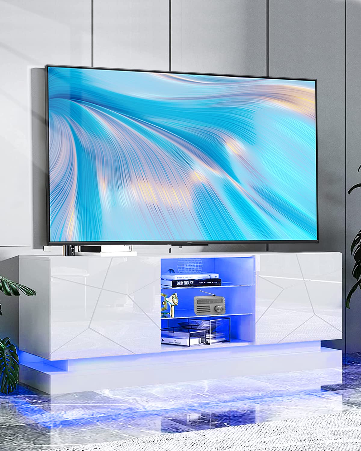 BAMACAR Modern LED TV Stand for 70 65 60 Inch TVs - White Entertainment Center with Storage & LED Lights - Tall TV Cabinet for Living Room, Bedroom, Home Theater - Supports 65+ Inch Flat Screen TVs