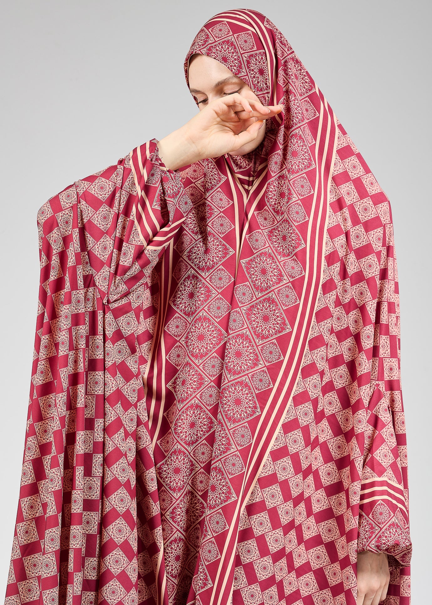 Basira Satin Prayer Gown with Geometric Floral Print - Modest Islamic Dress for Hijab Wearers - Perfect for Salah, Eid, and Special Occasions