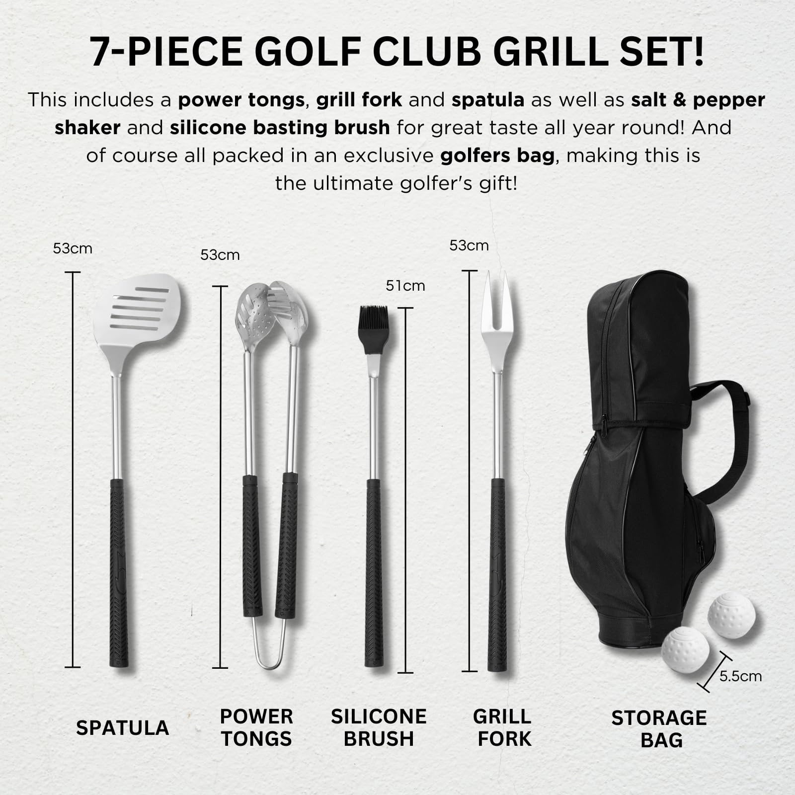 Premium 7-Piece BBQ Grill Tools Set with Rubber Handles - Stainless Steel Grilling Accessories for Outdoor Cooking | Perfect Golf Gifts for Men, Dad & Father's Day | Ideal for Backyard BBQs, Tailgating & Camping Trips