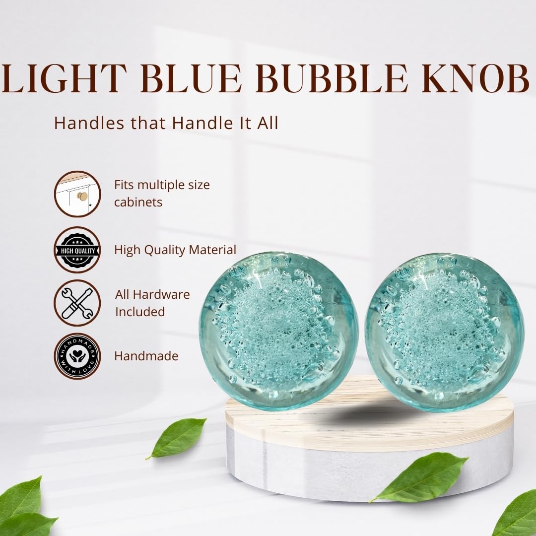 Modern Light Blue Crystal Knobs Set of 6 - Decorative Bubble Glass Cabinet Pulls for Drawers, Kitchen, Wardrobe & Furniture Hardware - Elegant Home Decor Upgrade for Cabinets, Dressers & Cupboard Doors