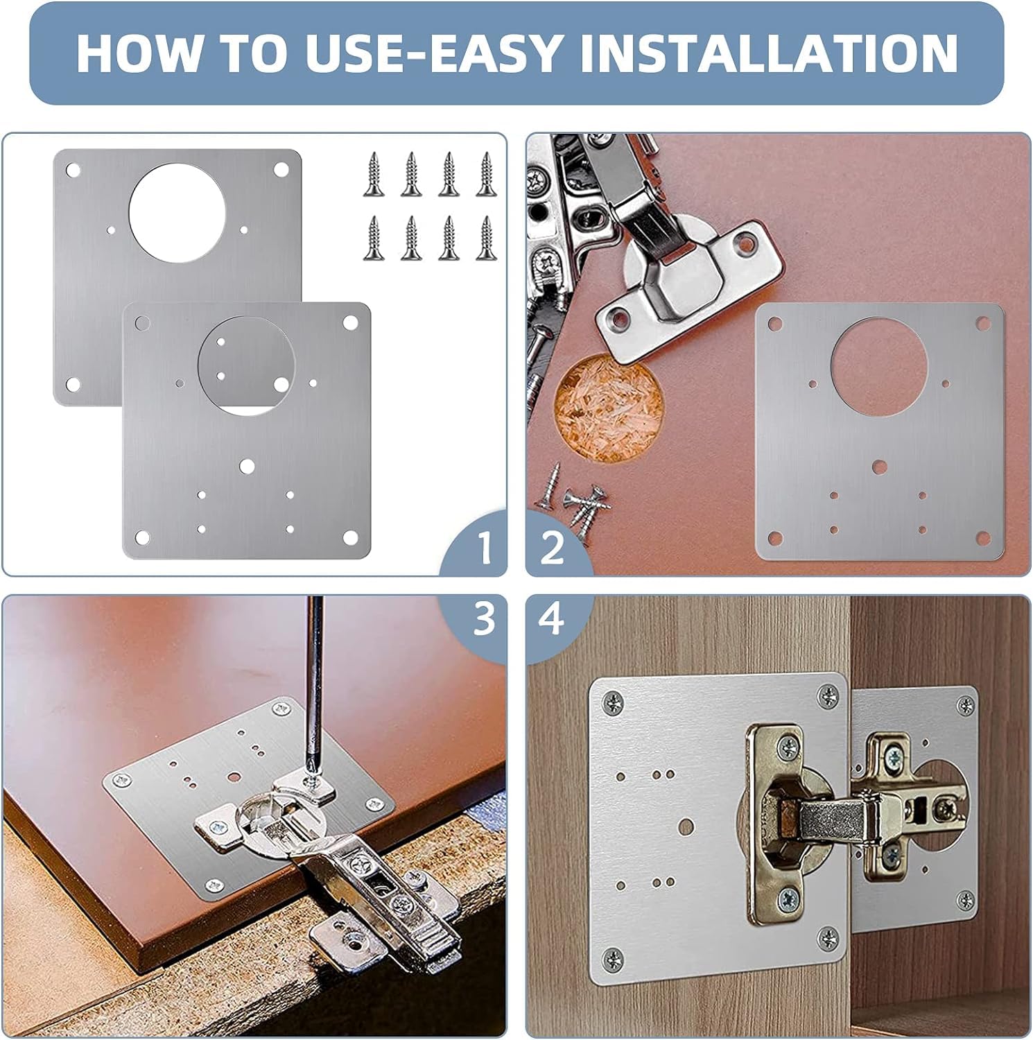 Premium Stainless Steel Cabinet Hinge Repair Kit - 6 Pack Hinges & Fixing Plates for Kitchen Cupboards, Locker Doors & Furniture - Quick Easy Replacement for Loose or Broken Hinges - Ideal for Home, Office & Commercial Use