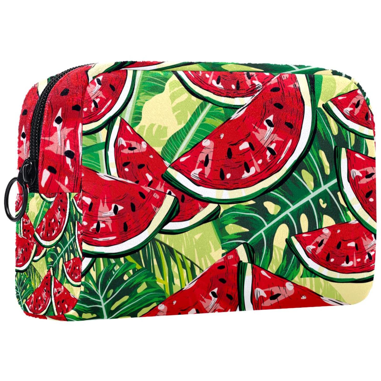 Small Makeup Bag for Women - Watermelon Tropical Leaf Print Travel Cosmetic Pouch | Perfect for Travel, Gym & Daily Essentials Organization