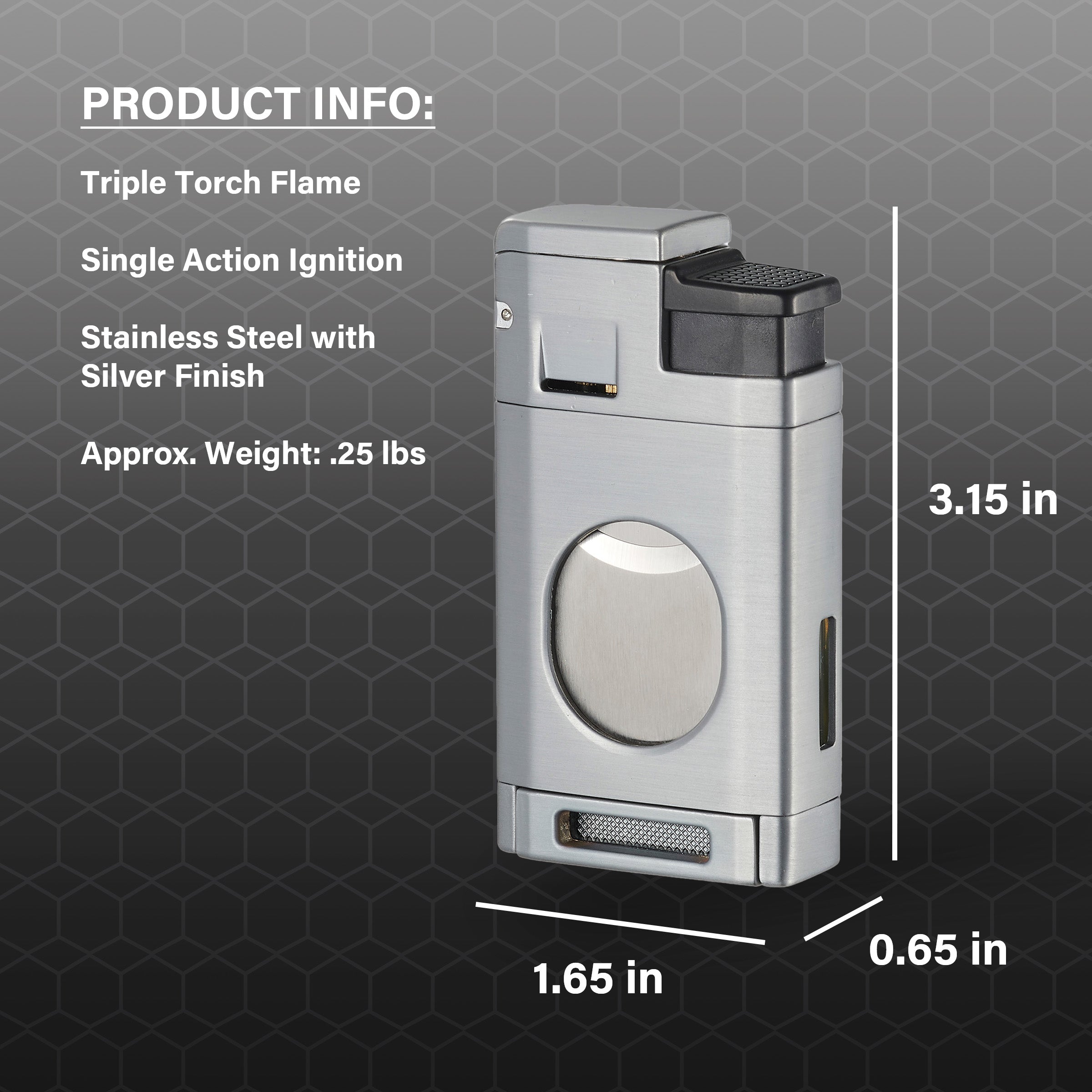 Visol LighCut Silver Triple Torch Flame Lighter & Cigar Cutter - Windproof Butane Lighter with Punch Cutter for Cigars, Cigarettes & Outdoor Use (Camping, BBQ, Hiking)