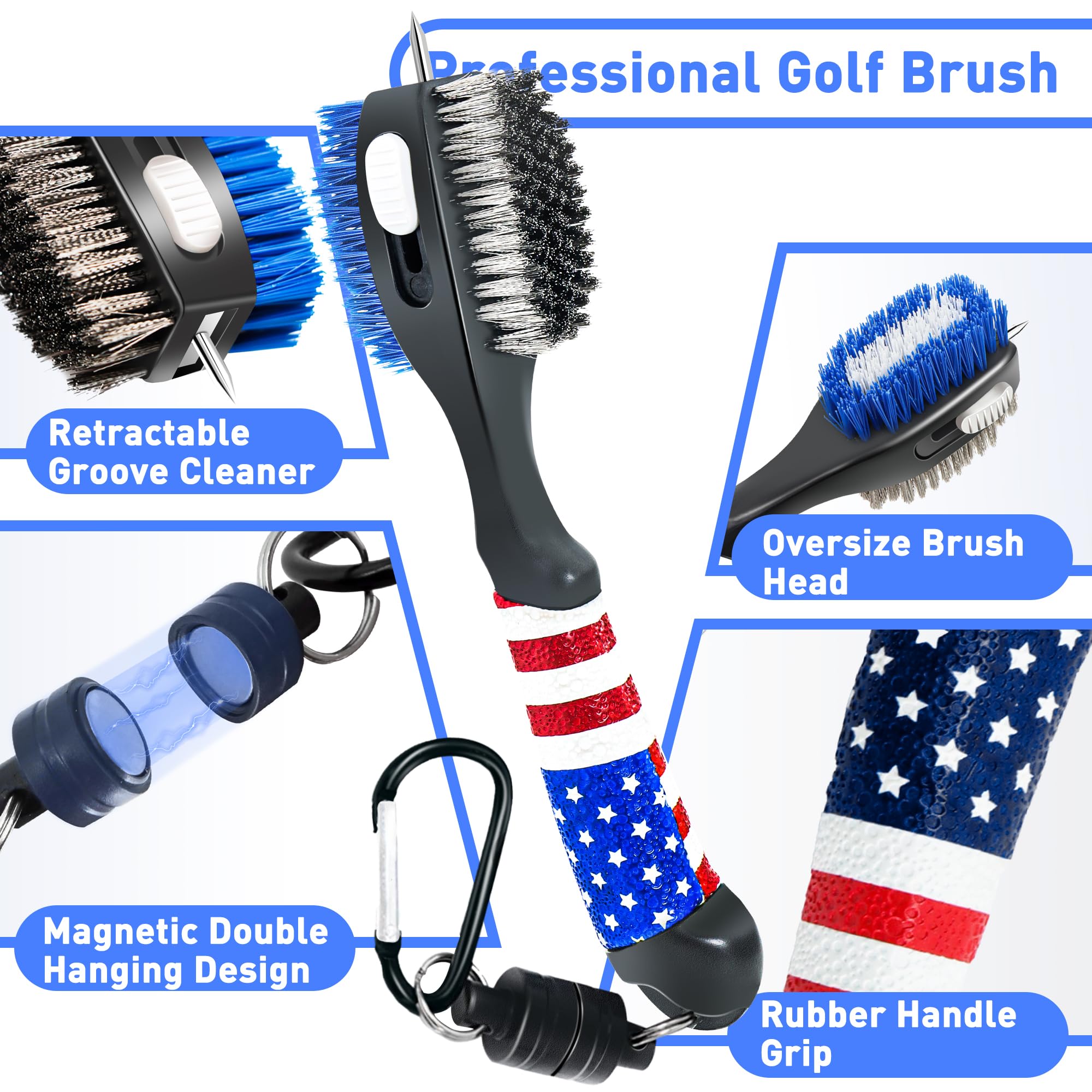 Premium Golf Club Brush & American Flag Golf Towel Set - Magnetic Golf Groove Cleaner Kit with Strong Magnet Stick for Golf Clubs & Bags | Perfect for On-Course Cleaning & Club Maintenance