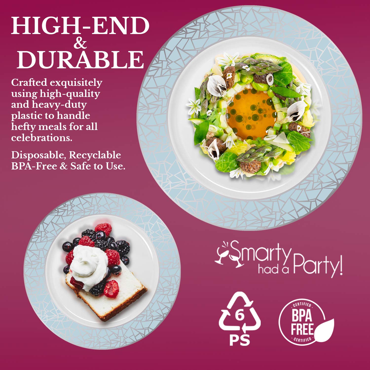 Elegant Disposable Plastic Plates 240 Count - 120 Heavy Duty Dinner Plates & 120 Dessert Salad Appetizer Plates - White with Blue Silver Mosaic Rim - Bulk Party Supplies for Wedding, Birthday, BBQ, Picnic, Holiday & Special Events - Perfect for Indoor/Outdoor Gatherings & Catering