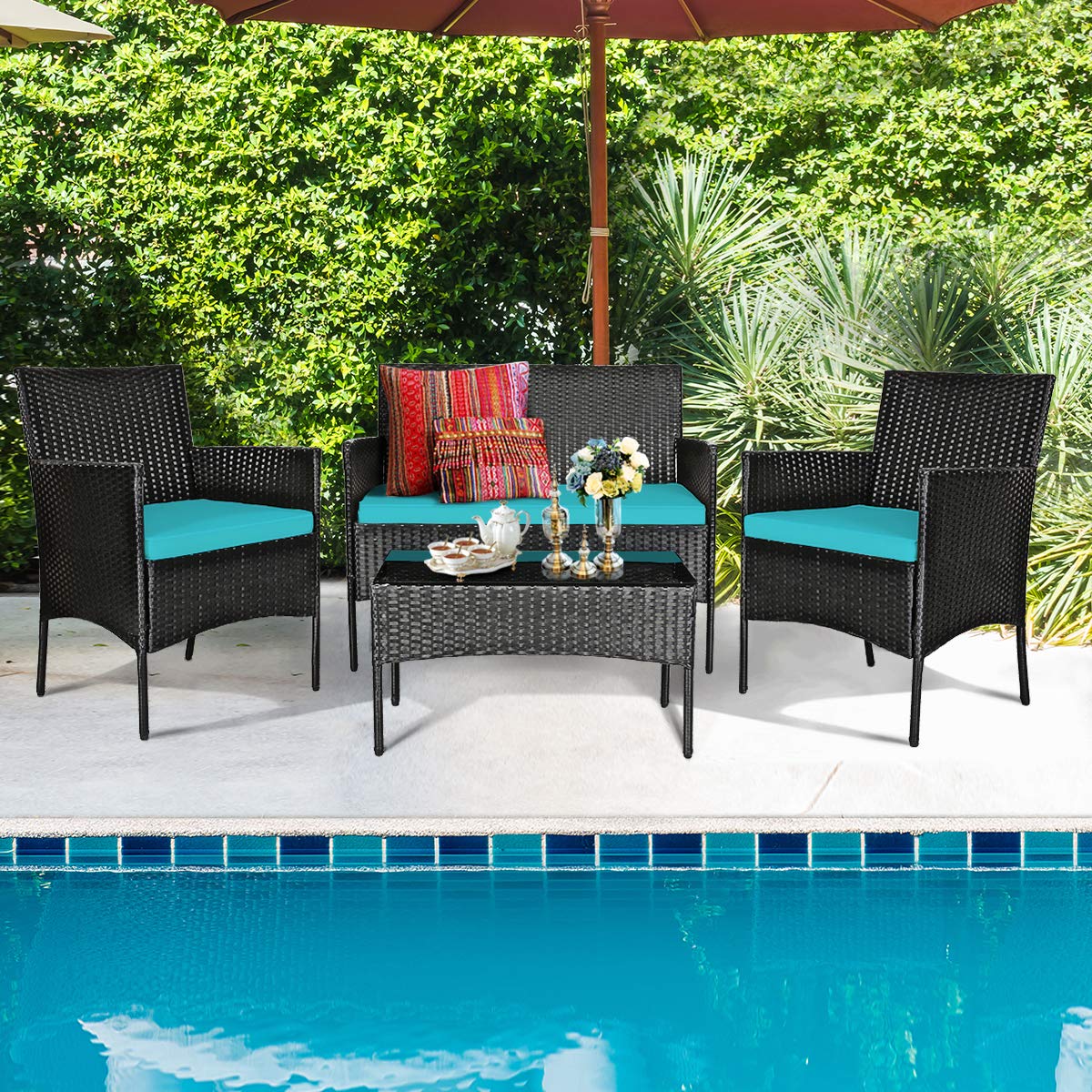 HAPPYGRILL 4-Piece Outdoor Patio Furniture Set - Rattan Wicker Conversation Sofa with Tempered Glass Top Table & Removable Cushions - Perfect for Poolside, Garden, Backyard, and Patio Relaxation
