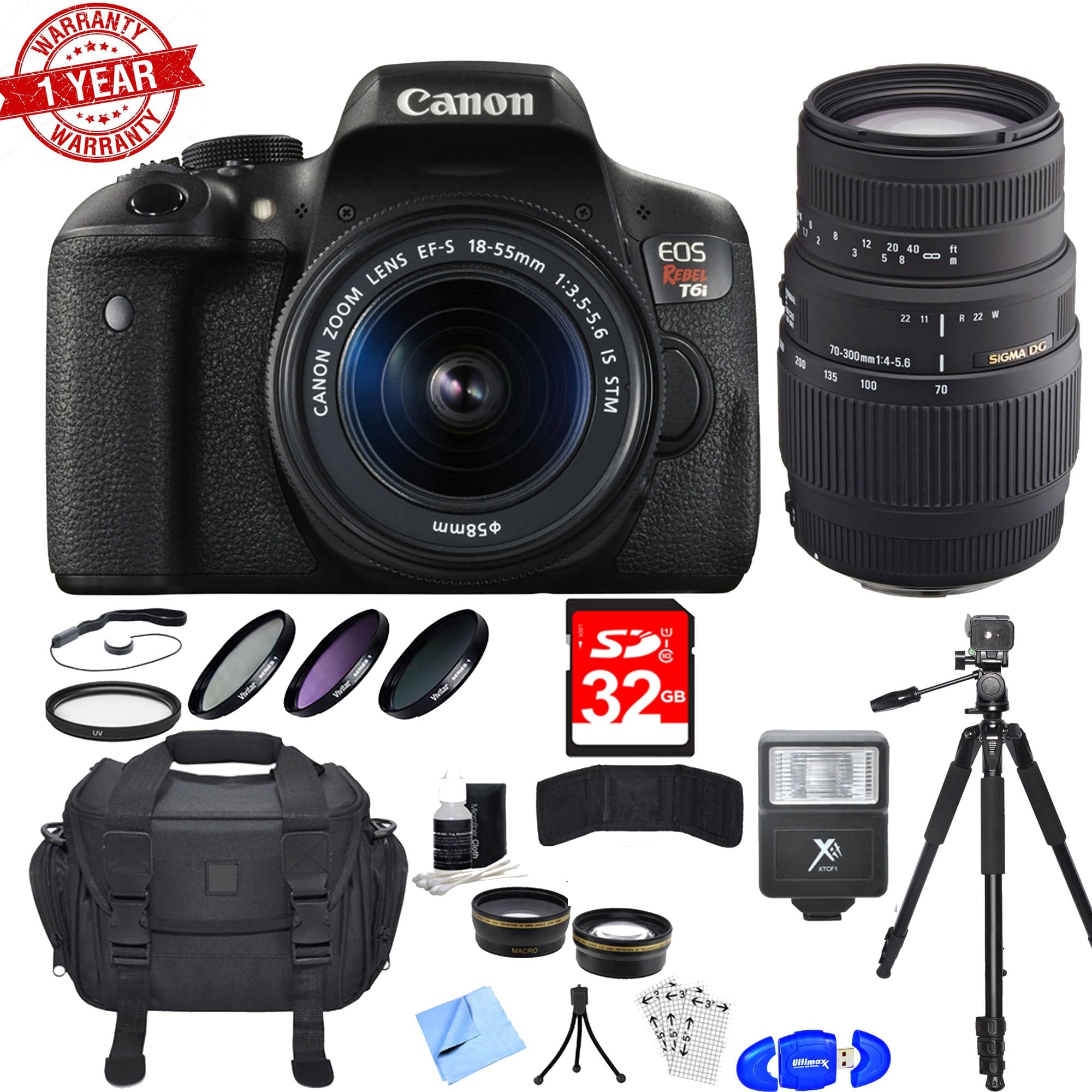 Canon EOS Rebel T6i/800D DSLR Camera Bundle with 18-55mm & 70-300mm Lenses, 32GB SDHC Card, Camera Bag, Tripod & Cleaning Kit - Perfect for Travel Photography, Portrait Shots & Professional Photography