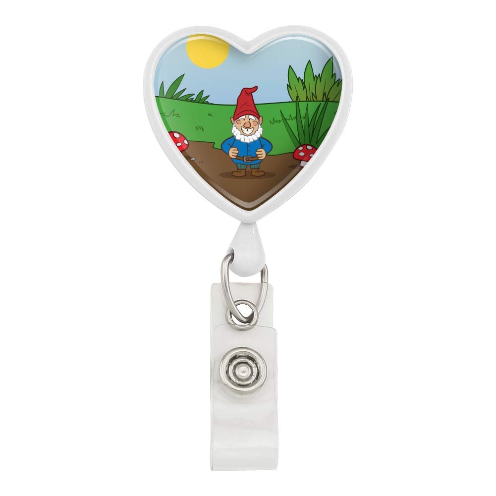 White Garden Gnome with Toadstools Heart Lanyard - Retractable Reel Badge ID Card Holder for Nurses, Teachers & Office Workers | Cute Accessory for Work, Events & Gifts