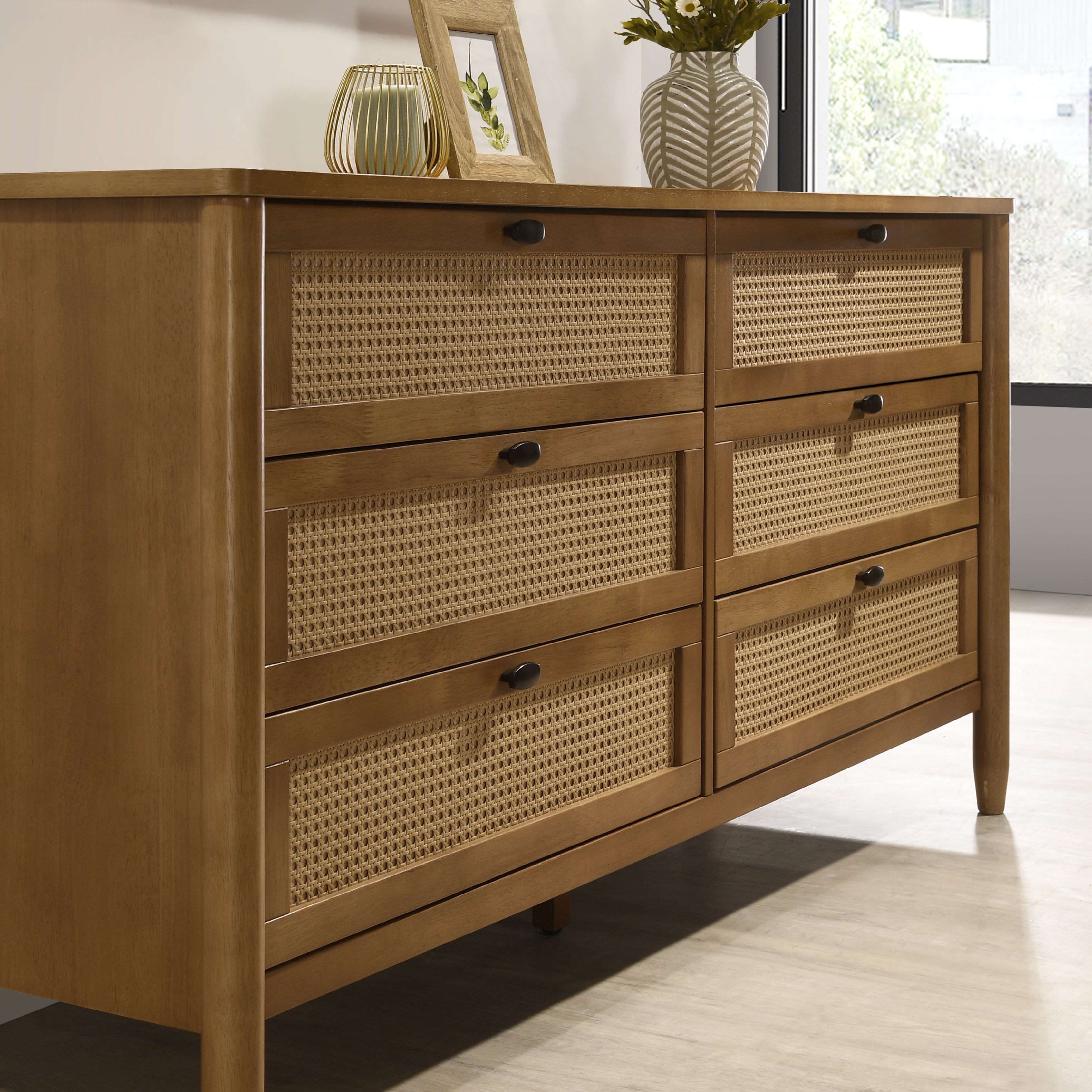 Roundhill Furniture Vichy 4-Piece Rubberwood Bedroom Set - Queen Upholstered Bed, Dresser, Mirror & Nightstand | Solid Wood Furniture for Master Bedroom, Guest Room & Apartment