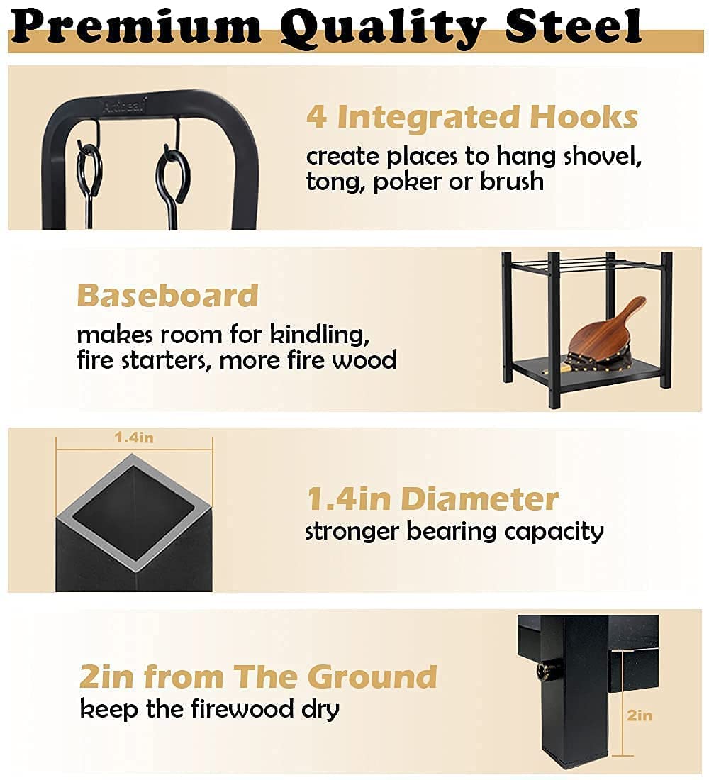 Artibear 4ft Outdoor Firewood Rack with Indoor Small Wood Storage Holder for Fireplace - Heavy Duty Black Metal Log Holder for Patio, Deck, Backyard & Living Room Firewood Storage