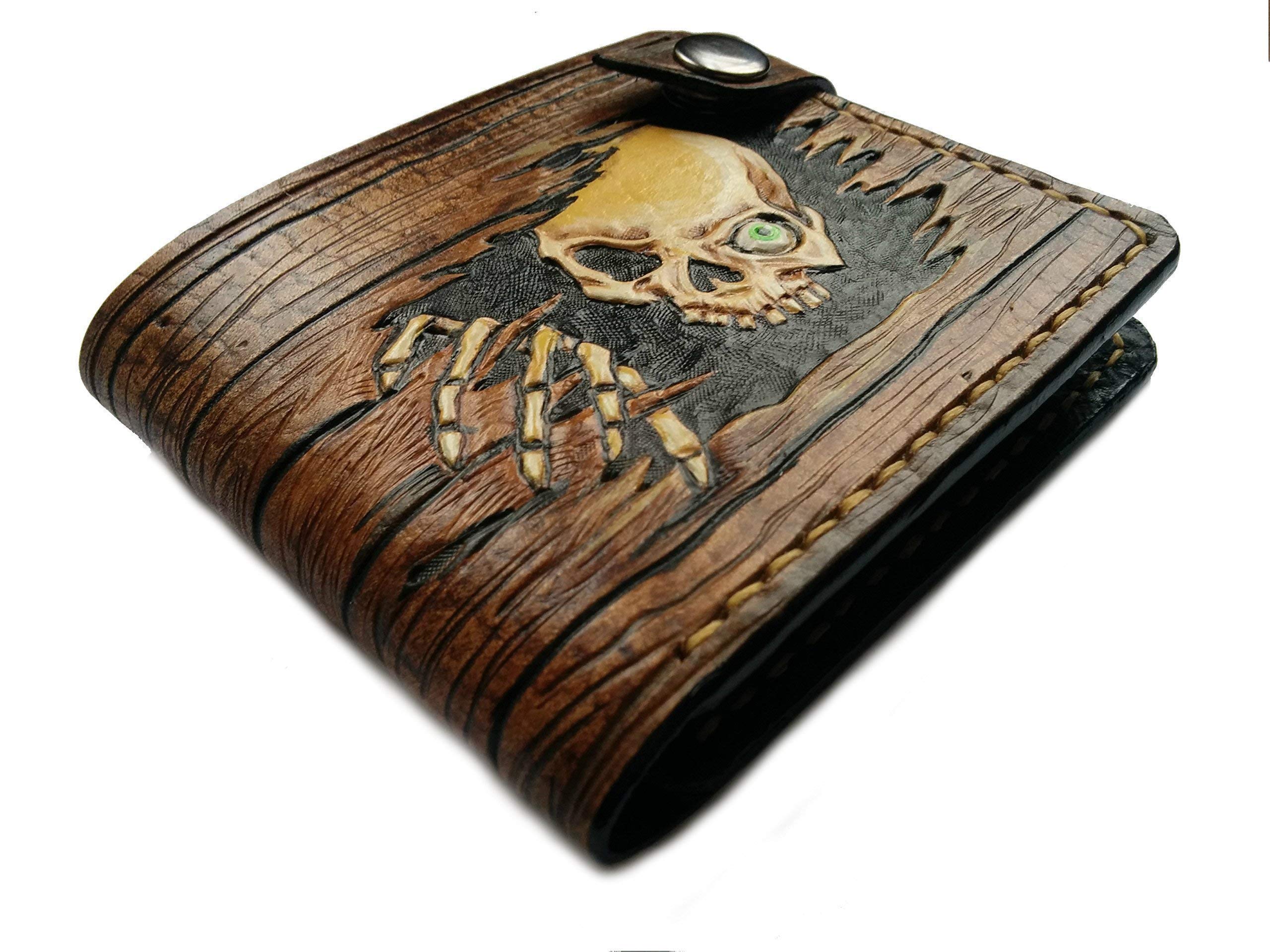 Gothic Skull & Skeleton Design Men's Leather Bifold Wallet - RFID Blocking Genuine Leather Biker Wallet with Wood Effect & Bone Embossing - Handmade Custom Airbrush Art Personalized Wallet for Motorcycle Enthusiasts & Gothic Fashion Lovers