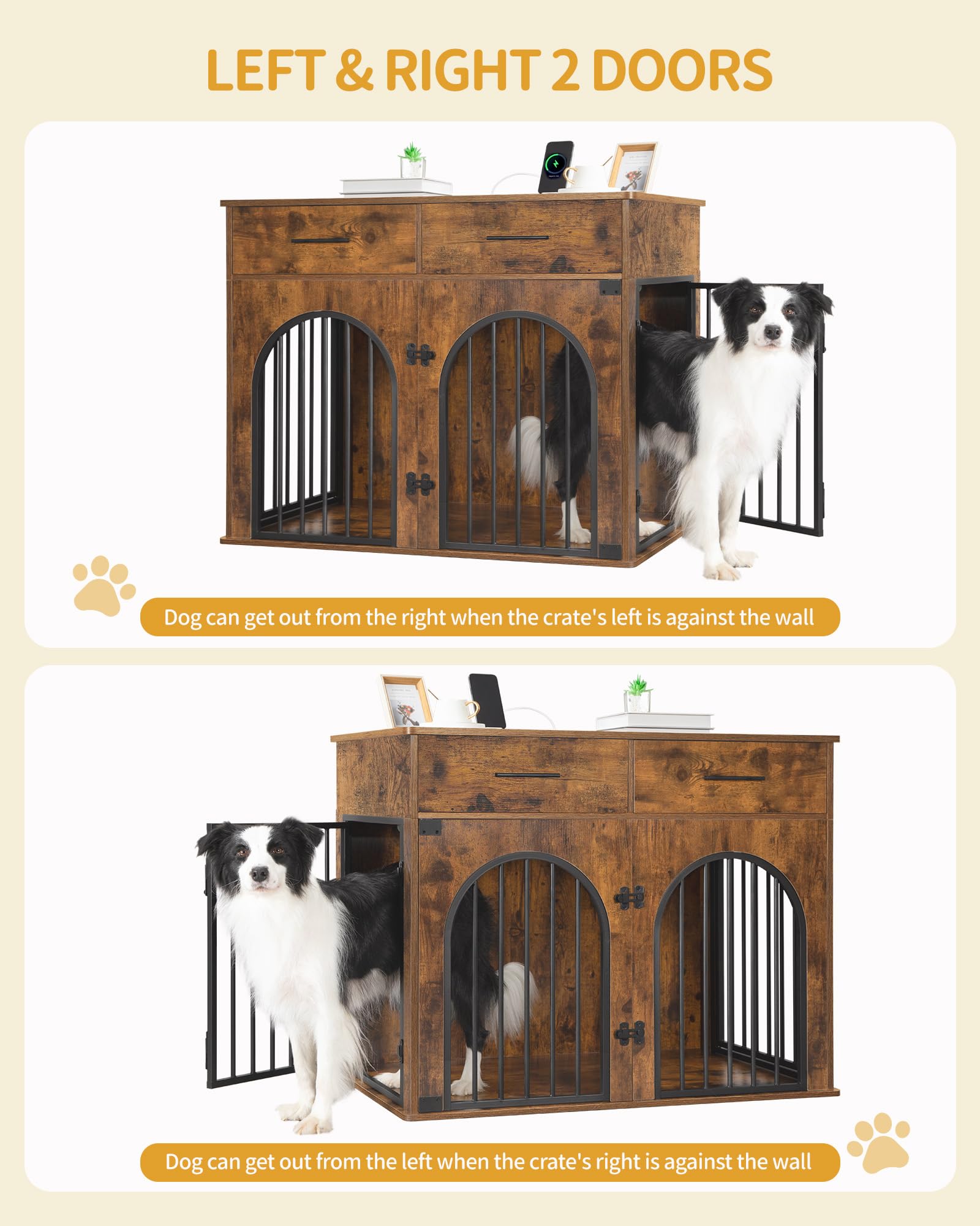 39.4'' Rustic Brown Wooden Dog Crate Furniture with 2 Drawers & Charging Station - Indoor Kennel for Medium/Large Dogs, Multi-Functional Side End Table - Perfect for Living Room, Bedroom or Office Pet Space