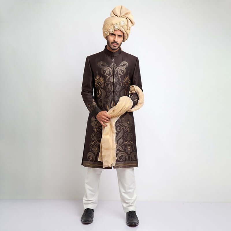 Elegant Chocolate Brown Brocade Sherwani for Men - Perfect for Weddings, Festivals & Special Occasions