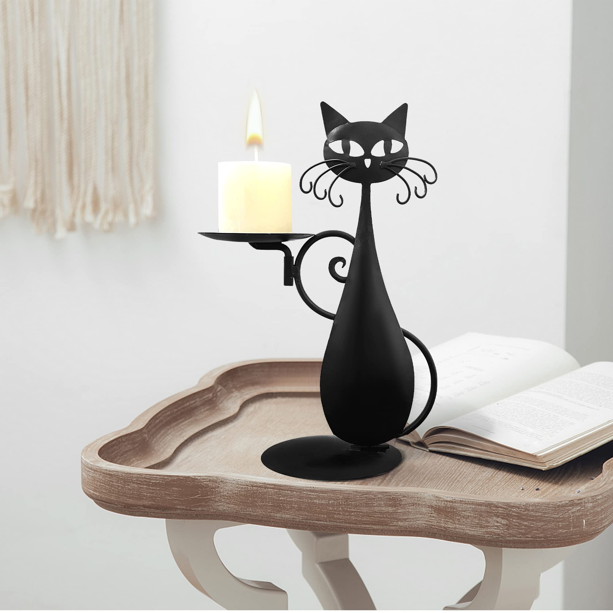 Black Cat Candle Holder for Pillar & LED Candles - Farmhouse Decor for Dining Table & Gifts