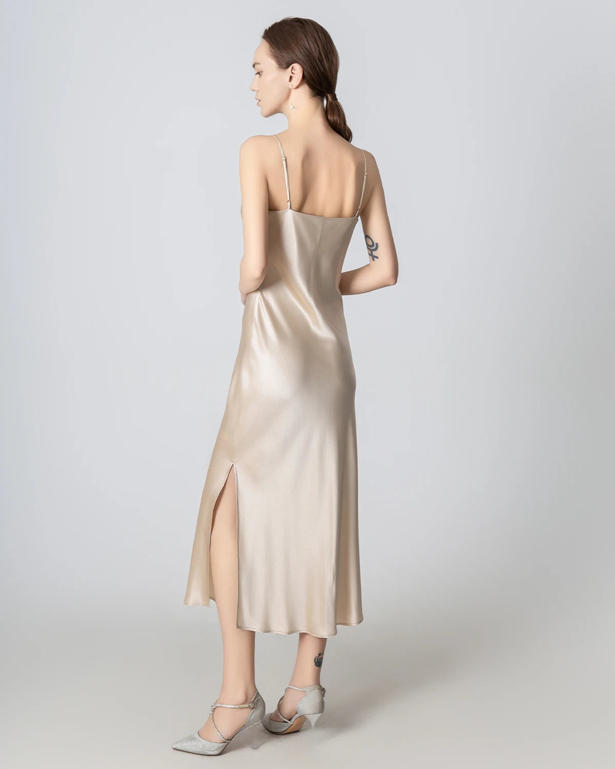 Elegant Slit Cowl Neck Midi Silk Dress for Women | Luxury Satin Evening Gown | Perfect for Cocktail Parties, Date Nights & Formal Events
