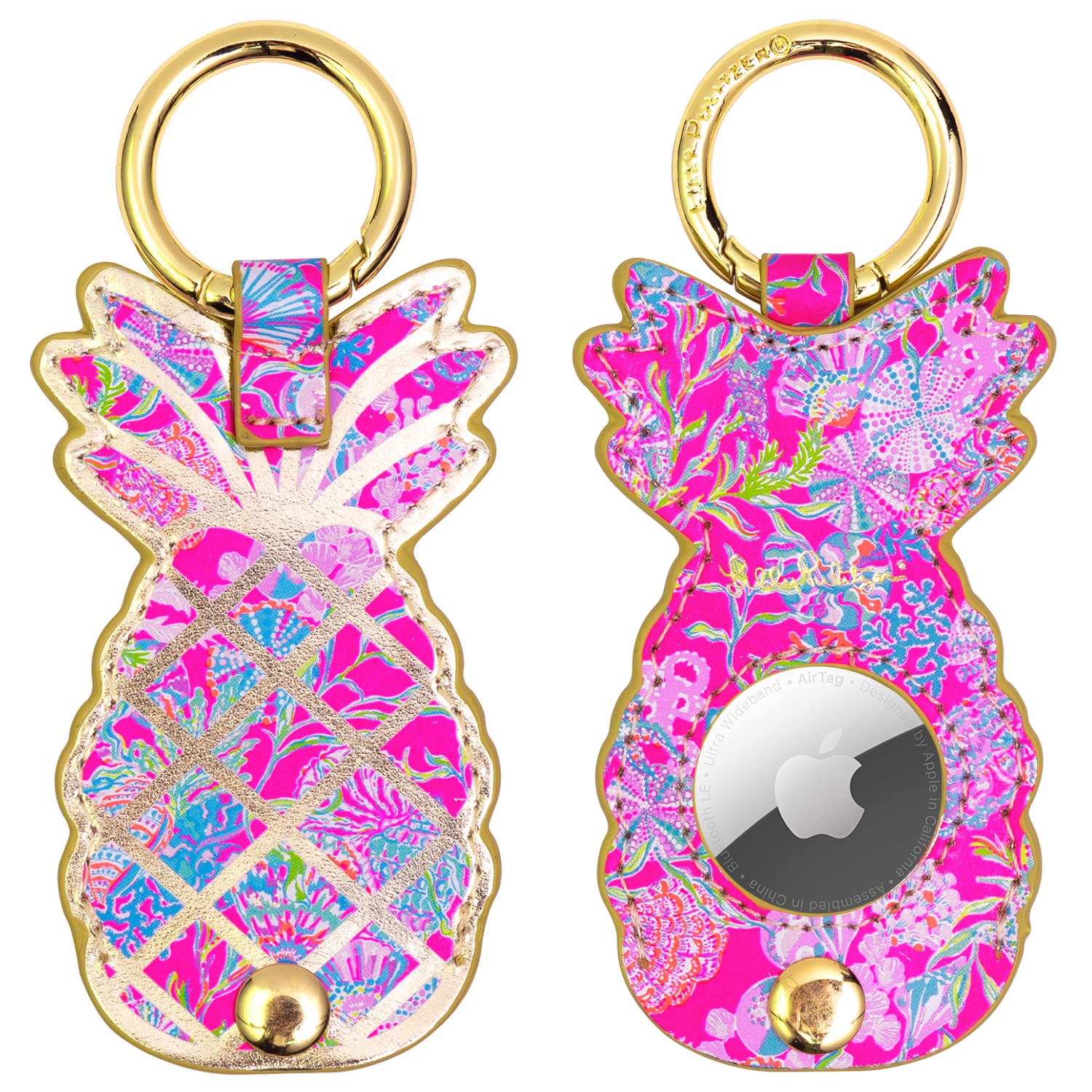 Lilly Pulitzer Leatherette AirTag Keychain - Cute Pineapple Shaped AirTag Holder for Luggage, Car Keys & Dog Collars | Waterproof & Durable Key Ring for Travel, Pets & Everyday Use (Shell Me Something Good Design)