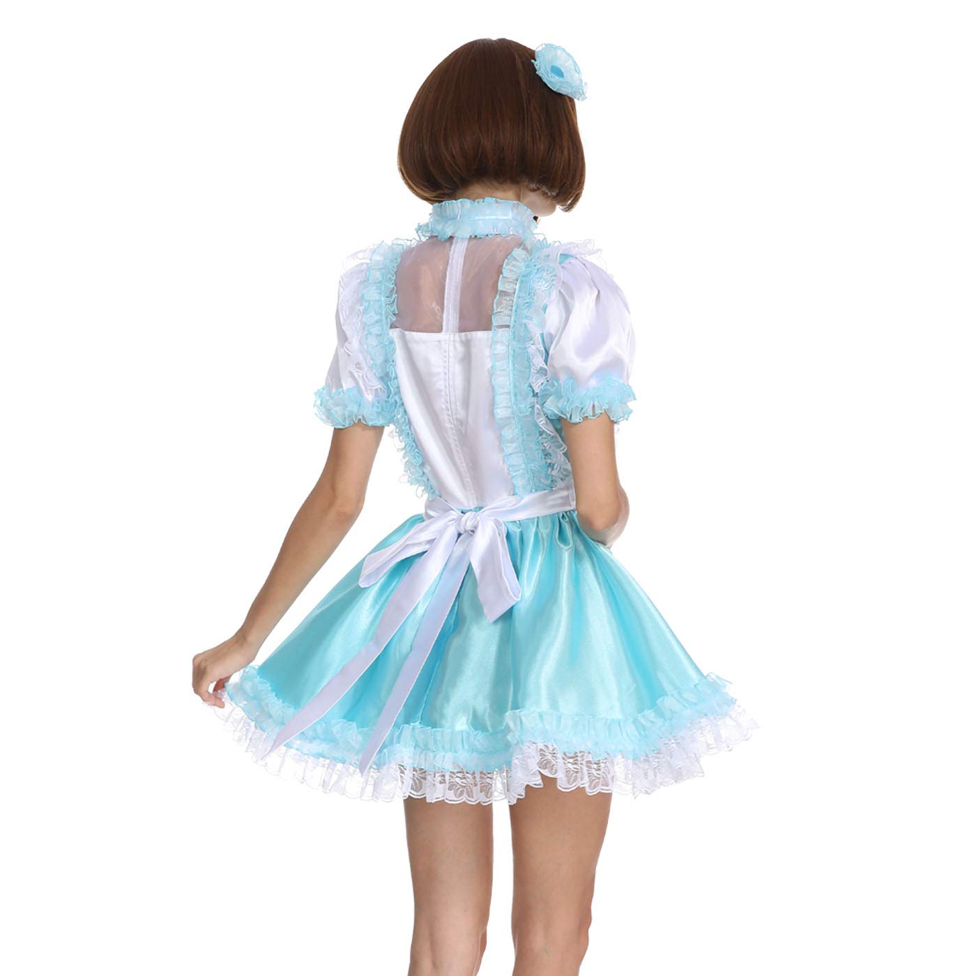 Elegant Pale Blue & White Satin Maid Dress with Ruffled Sleeves - Women's Crossdress Costume for Cosplay, Halloween, and Themed Parties