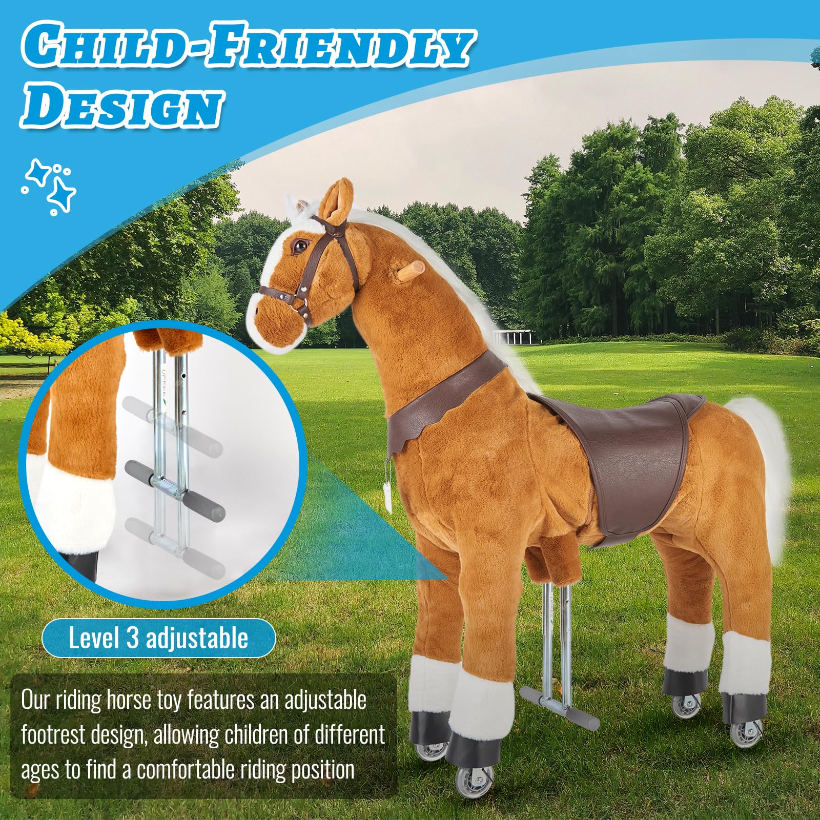 UFREE Ride-On Walking Horse Toy for Kids - 36 Inch Height, Best Birthday Gift for Girls Ages 4-9 | White Mane & Tail | Pretend Play, Outdoor Fun, Imaginative Playtime Gift