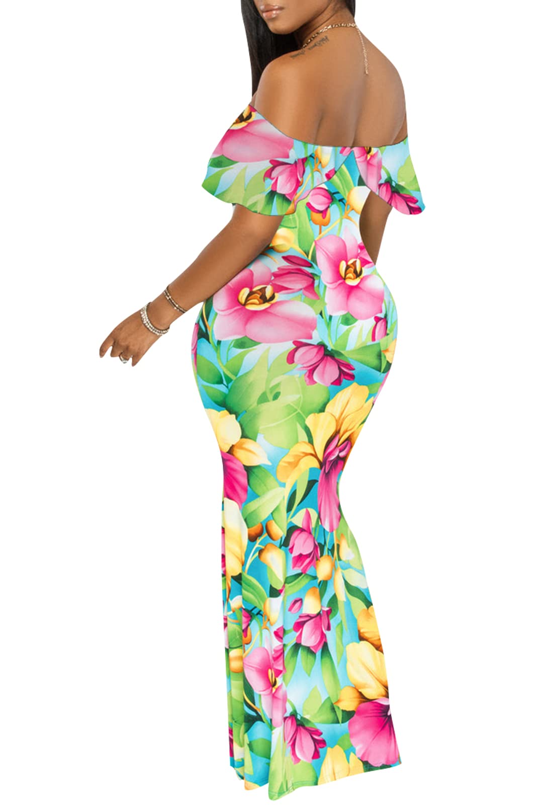 Sexy Women's Off Shoulder Maxi Dress - Hawaiian Floral Print Long Party Dress for Beach, Vacation & Evening Events