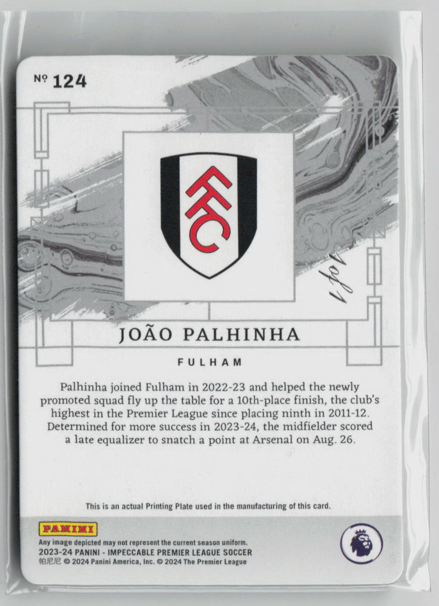 2023-24 Impeccable Premier League Soccer João Palhinha Printing Plate 1/1 #124 - Rare Collectible for Soccer Fans & Memorabilia Enthusiasts