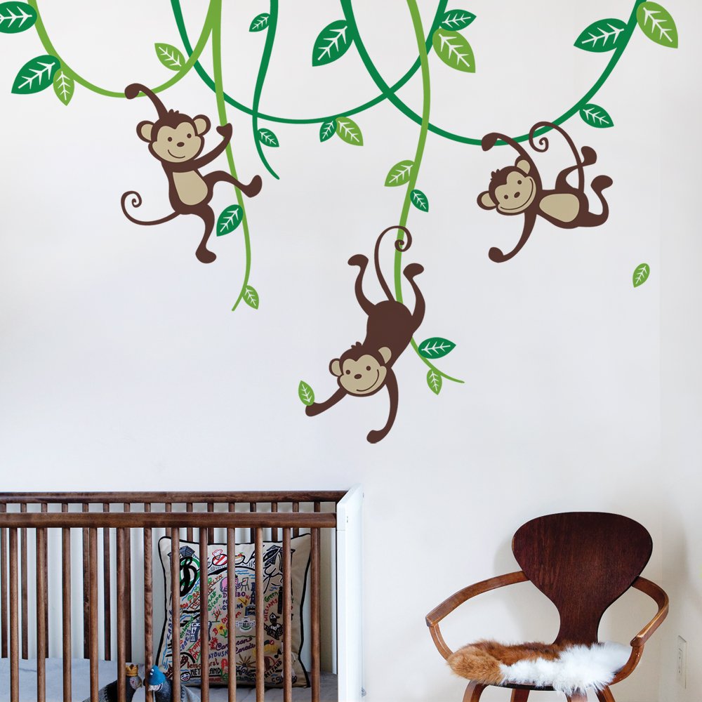 Simple Shapes 3 Monkeys Swinging from Vines Wall Decal - Scheme B | Jungle Themed Nursery Decor, Kids Room Stickers, Playroom Wall Art for Animal Lovers