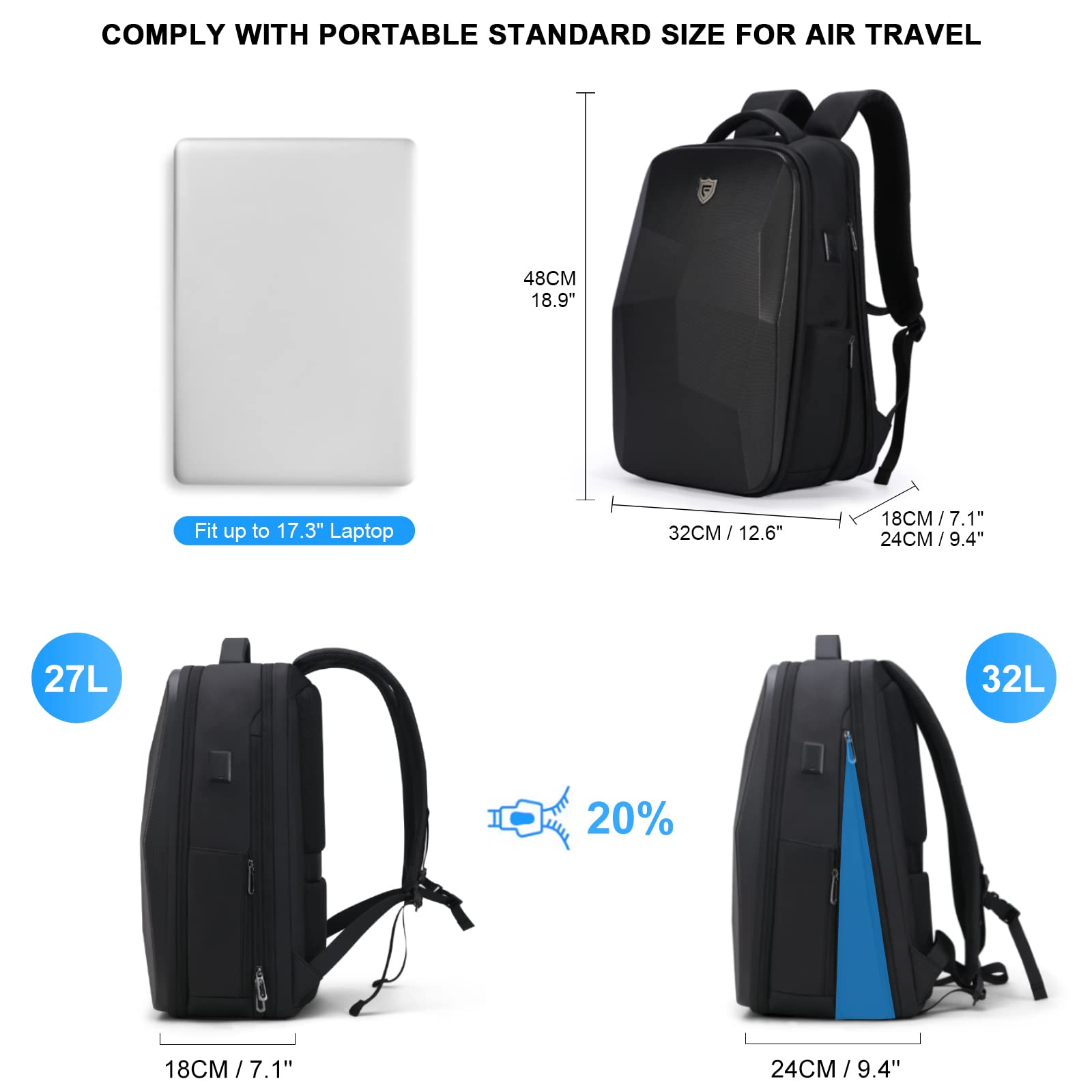 FENRUIEN Expandable Anti-Theft Laptop Backpack for Men - 17.3 Inch Water Resistant Hardshell Computer Bag with USB Charging Port - Perfect for Business Travel, Commuting & College Use