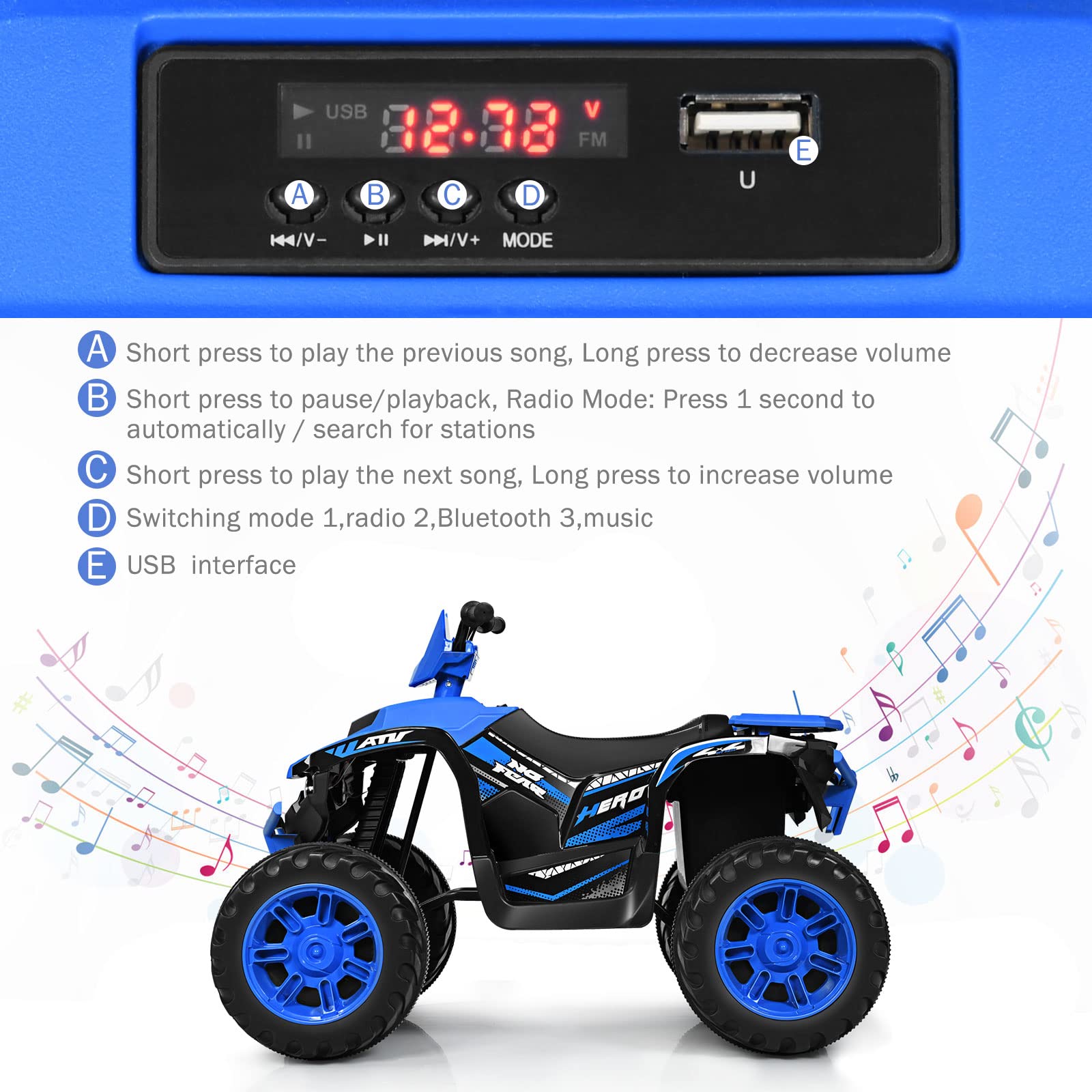 OLAKIDS 12V Kids Electric ATV Quad Bike - 4 Wheeler Ride On Toy Car for Boys & Girls Ages 3-8 with LED Lights, Music, Horn & Dual Speed - Battery Powered Outdoor Play Vehicle (Blue) - Perfect for Backyard Fun, Birthday Gifts & Outdoor Adventures