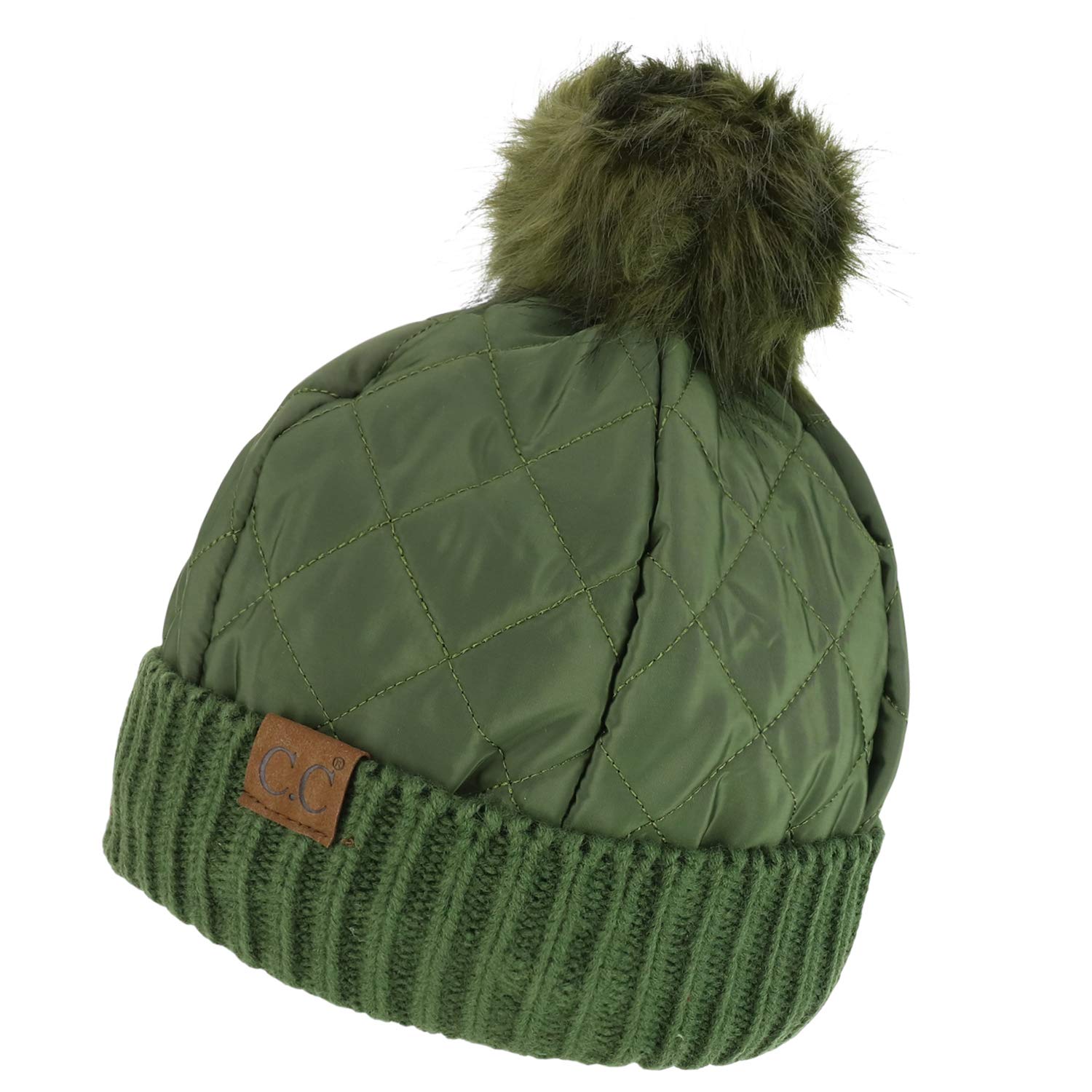 Trendy Fur Pom Quilted Puffer Knit Cuff Beanie Hat for Women - Winter Warm Fleece Lined Skull Cap with Ear Flaps - Perfect for Snowboarding, Skiing & Cold Weather Outdoor Activities