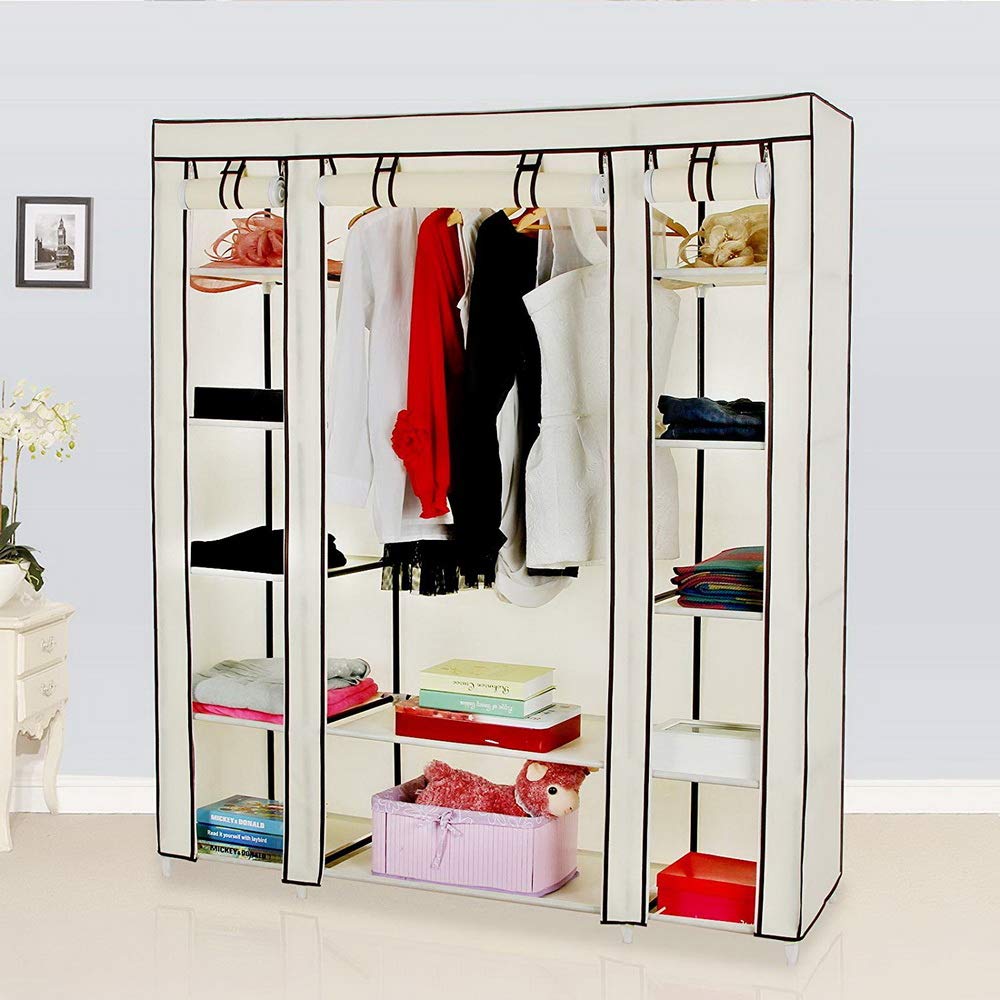 Portable Wardrobe Closet Organizer with Double Rod & 12 Shelves - 69-Inch Large Clothes Storage Cabinet in Beige | Non-Woven Fabric Armoire for Bedroom, Closet & Dorm Organization | Perfect for Seasonal Clothes, Shoes & Accessories Storage
