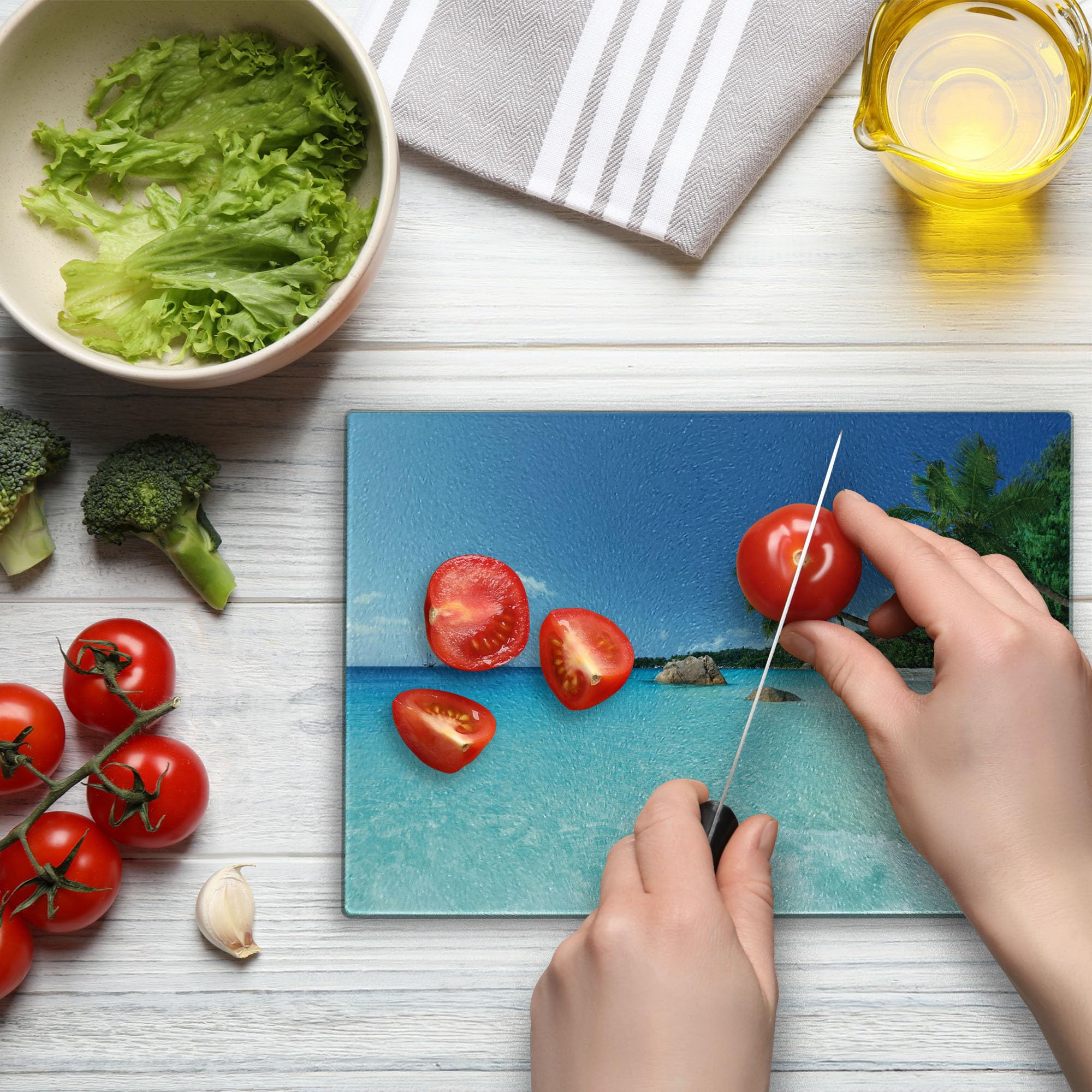 Ambesonne Ocean Themed Tempered Glass Cutting Board - Anse Lazio Beach Praslin Island Scenic Design - Small Turquoise Blue Green Serving Board for Kitchen, Charcuterie & Home Decor - Perfect for Entertaining, Gift Giving & Coastal Themed Kitchens