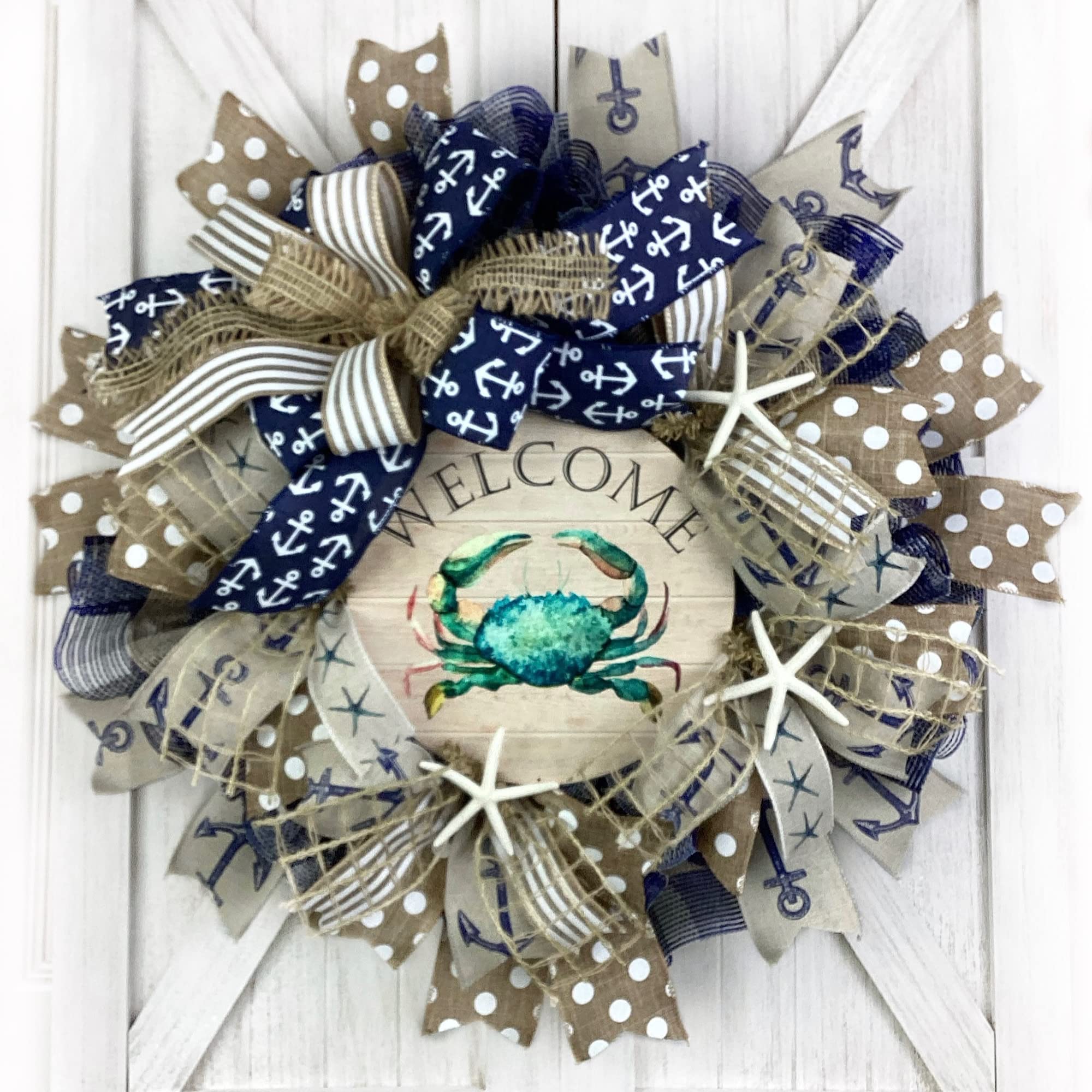 Navy Blue & Natural Crab Nautical Wreath with Anchor Ribbon, Bow and Starfish - Coastal Beach Decor for Front Door, Porch, or Wall - Perfect for Beach House Welcome Decor