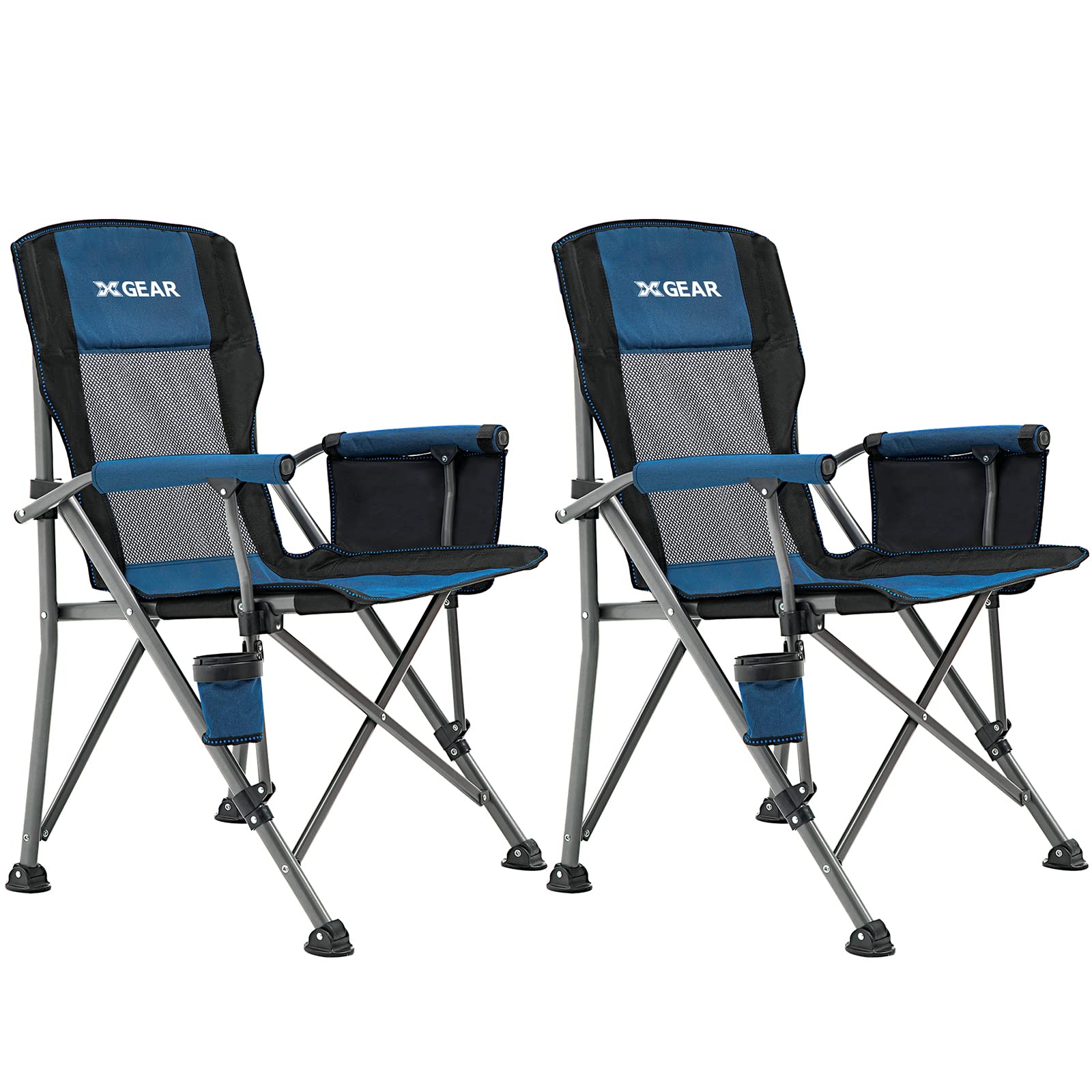 XGEAR 2-Pack Heavy Duty Camping Chairs with Padded Armrests - 400 lbs Capacity Folding Outdoor Chairs with Cup Holder & Storage Pockets - Portable for Beach, Picnic, Backyard, Hiking & Camping (Blue)